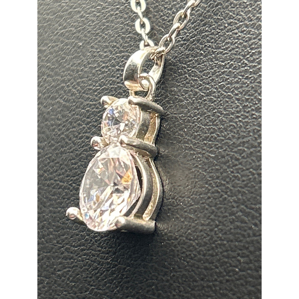 Silver Tone Faux Diamond CZ Double Round Drop Pendant Necklace