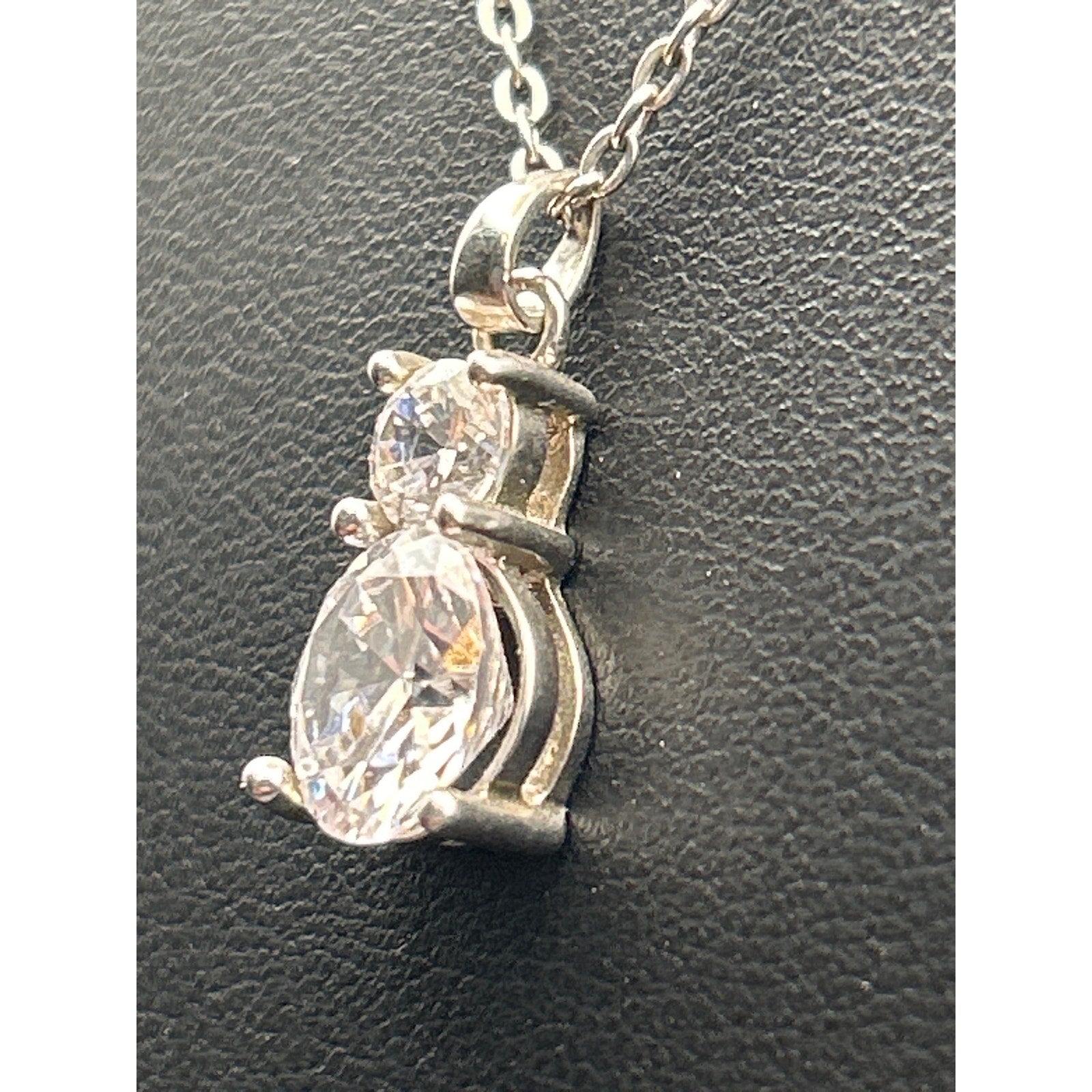 Silver Tone Faux Diamond CZ Double Round Drop Pendant Necklace