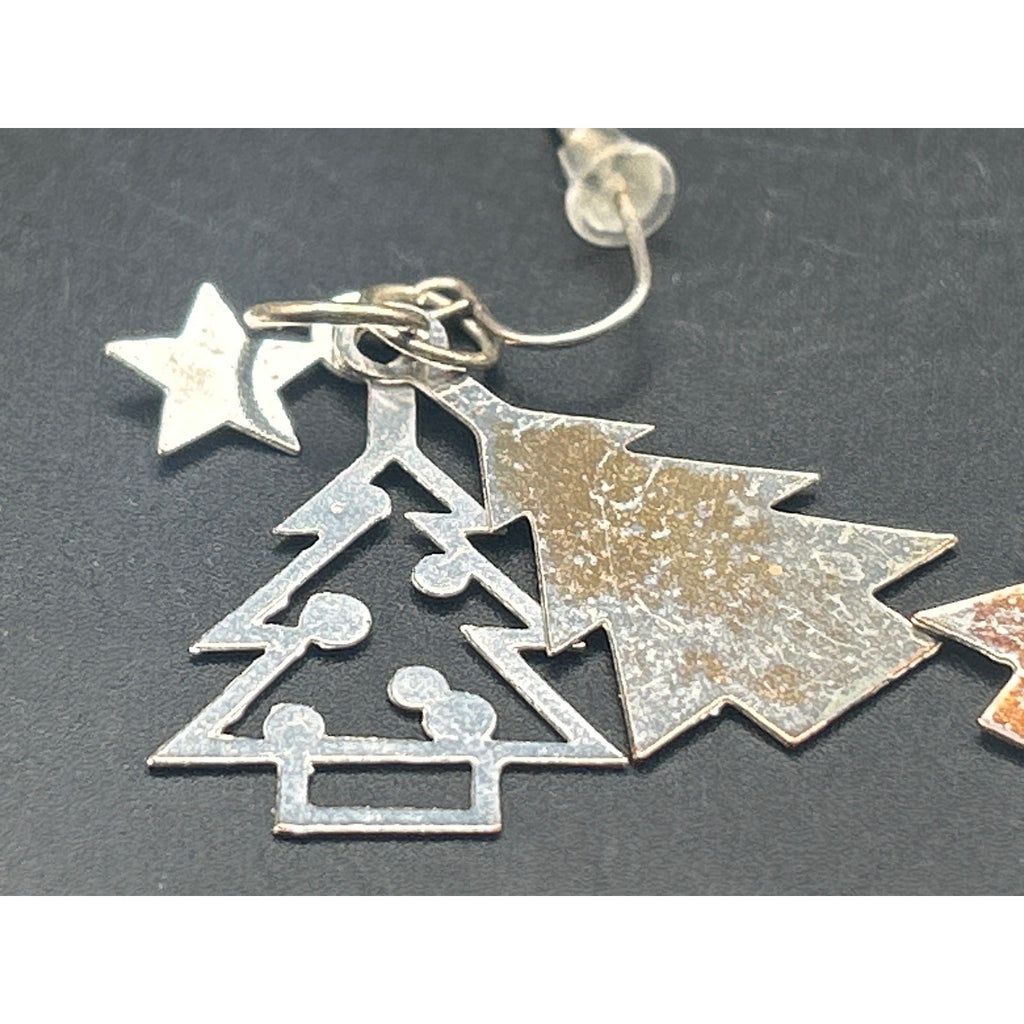 Christmas Tree Enamel Silver Tone Triple Layer Dangle Earrings Holiday Xmas