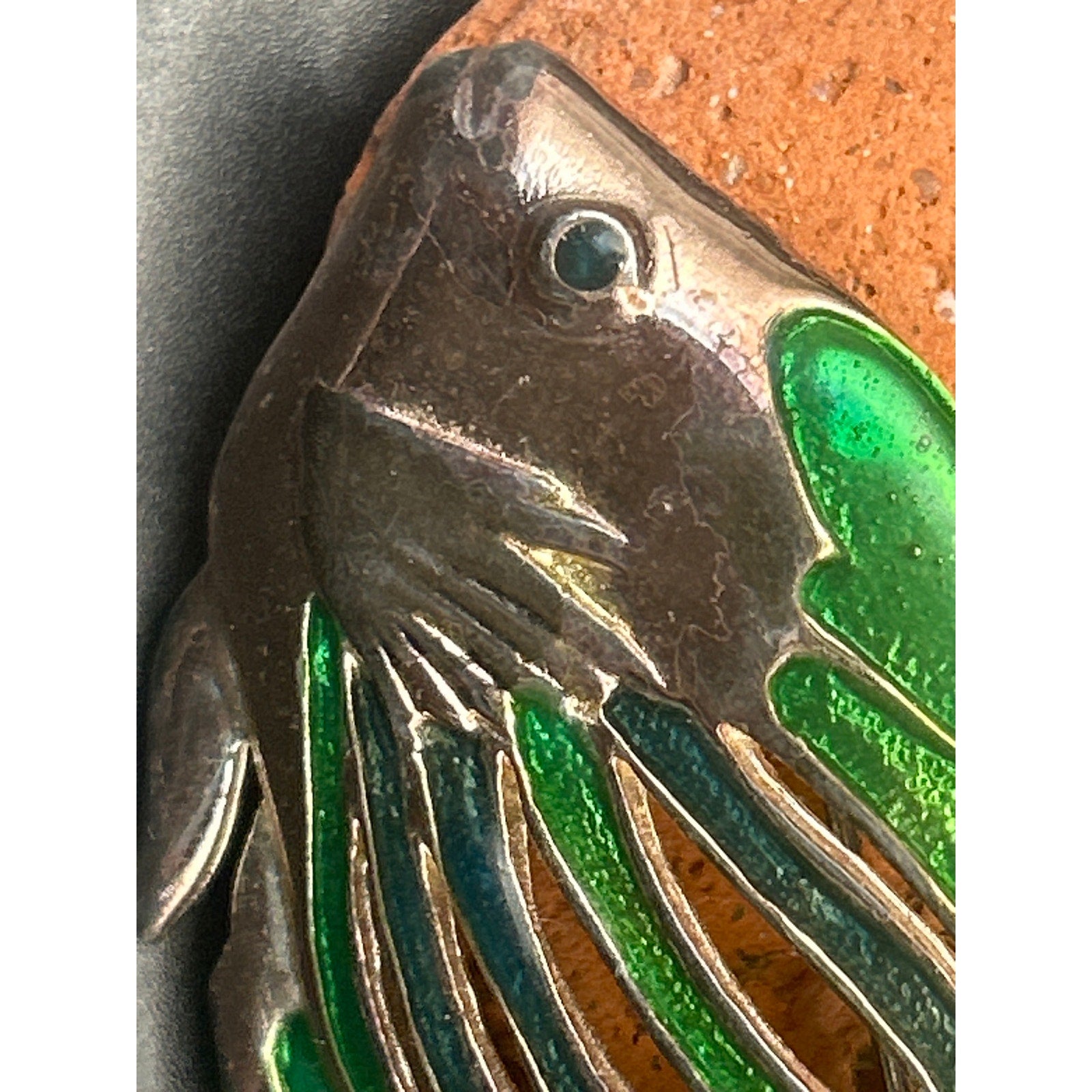Vintage Gold Tone Green Enamel Tropical Fish Brooch Red Rhinestone Eye 2.5x1.5"