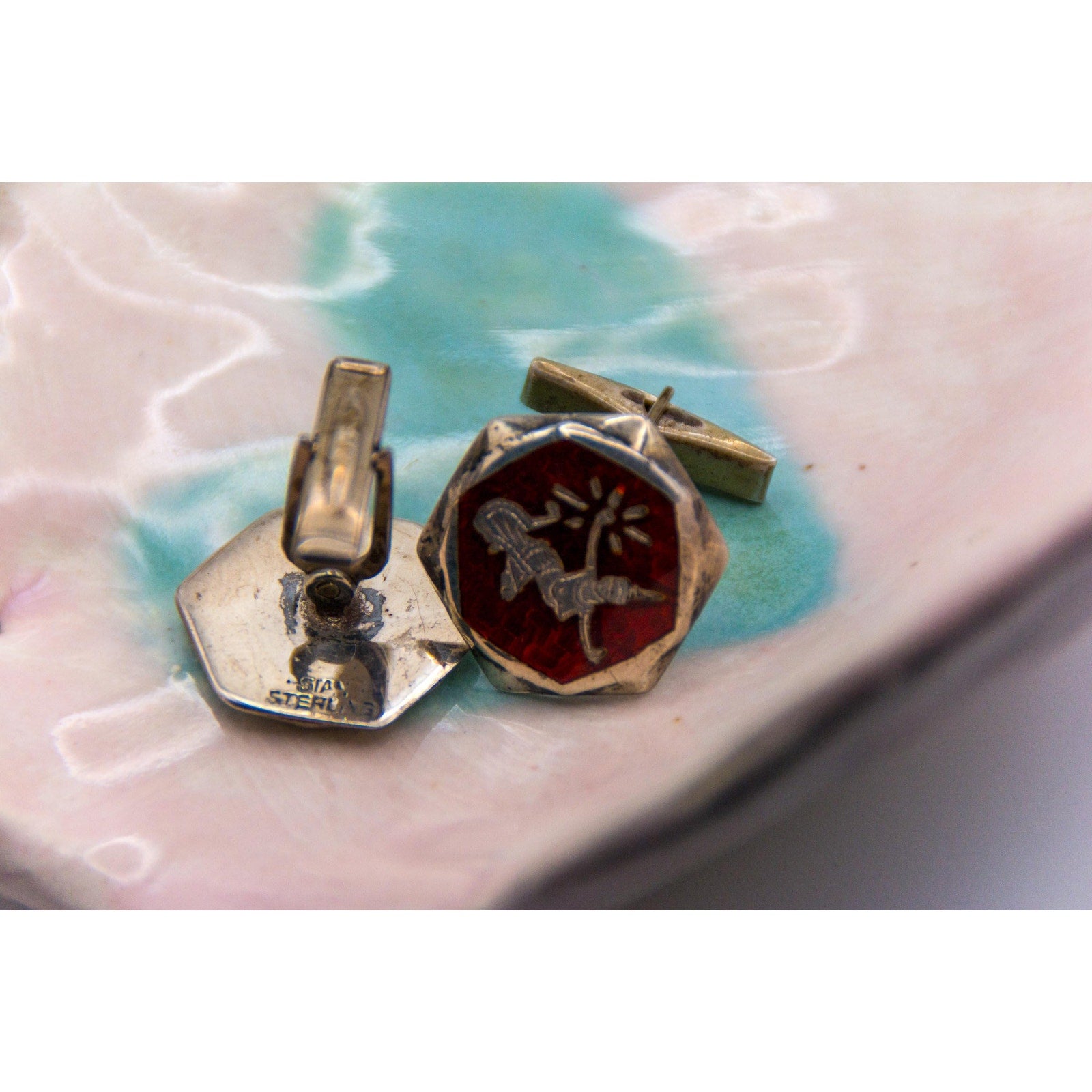 Vintage Siam Sterling Mekhala Niello Cufflinks Goddess Lightning Art Deco Thai pre-1939