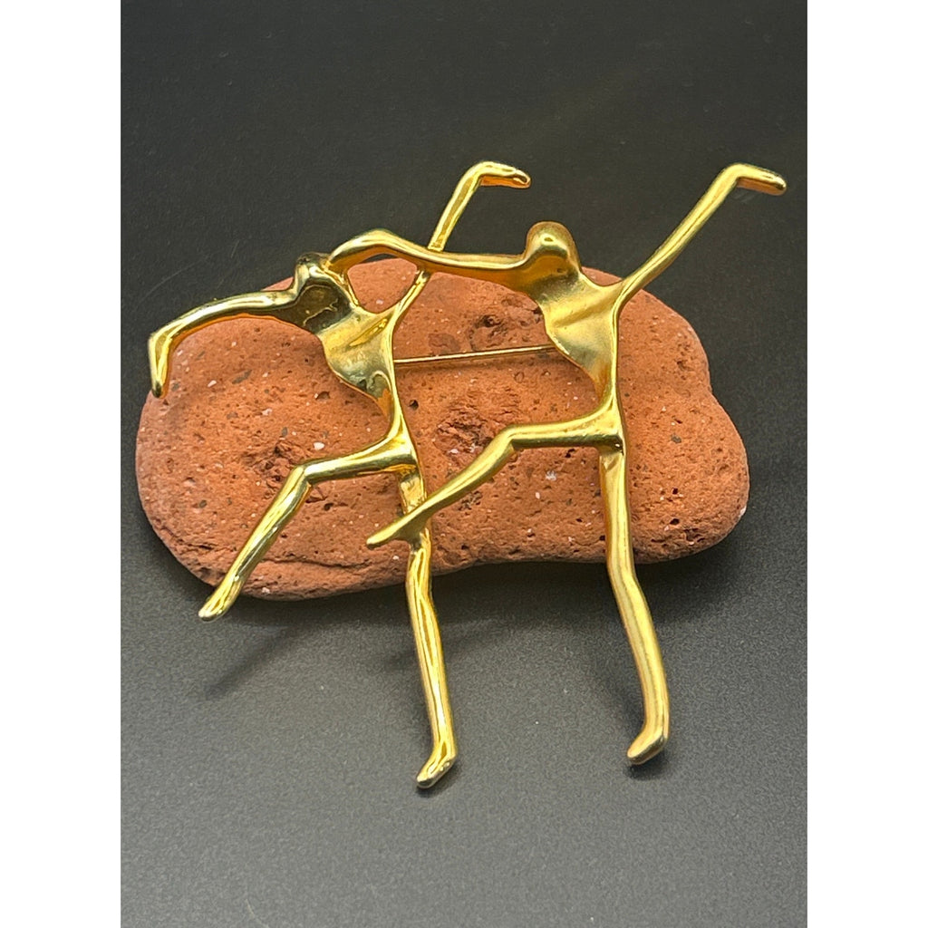 Vintage Modernist Dancing Couple Gold Tone Brooch Matte Polished Pin 3x3"