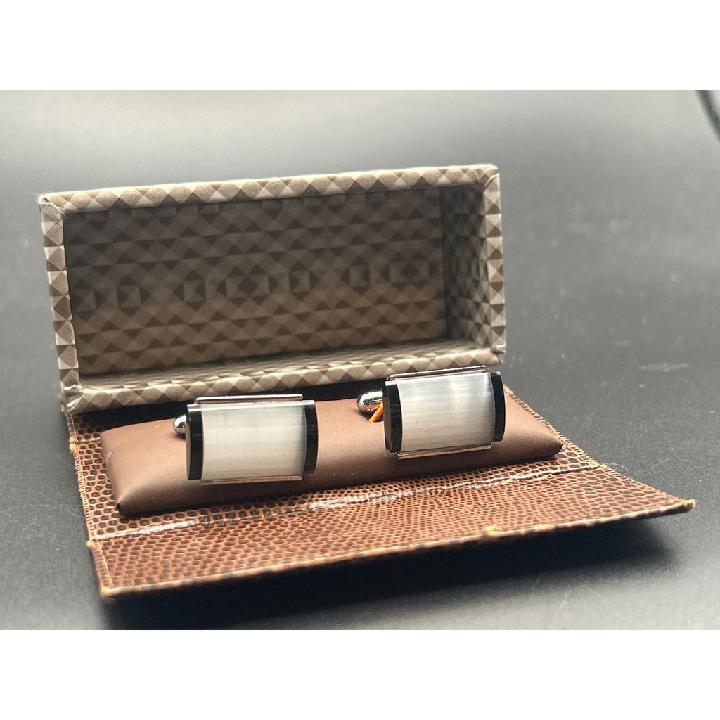Vintage Mother of Pearl & Black Onyx Cufflinks | Retro Silver Tone Boxed Tux