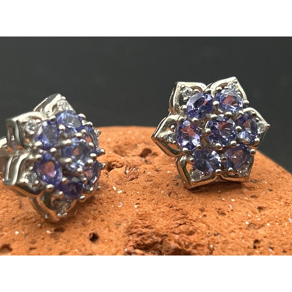 Vintage Purple White Stone Floral Rosette Cluster Stud Earrings Silver Tone