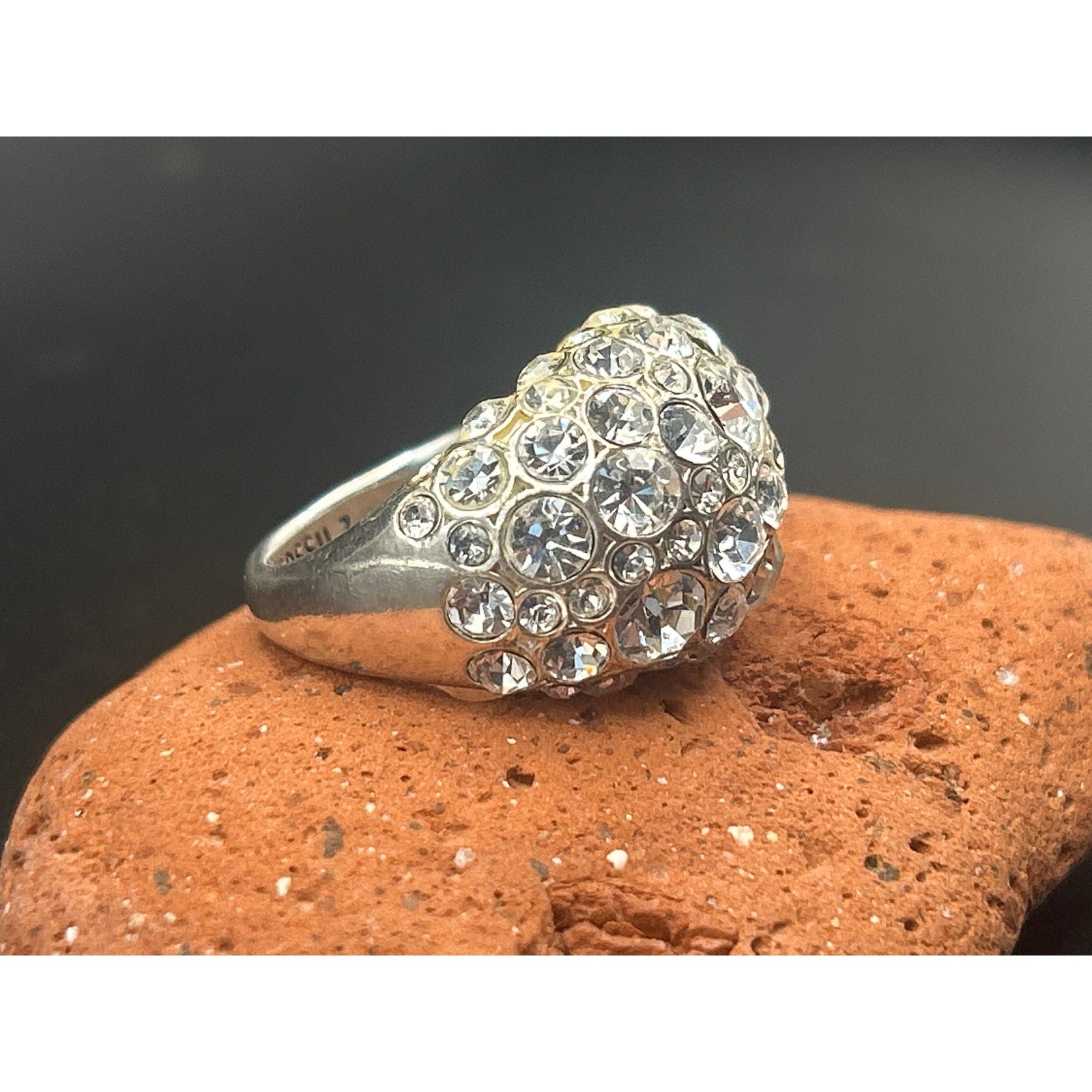 Vintage Fossil Rhinestone Statement Ring Size 7 Silver Tone Pave Dome Y2K 2000s