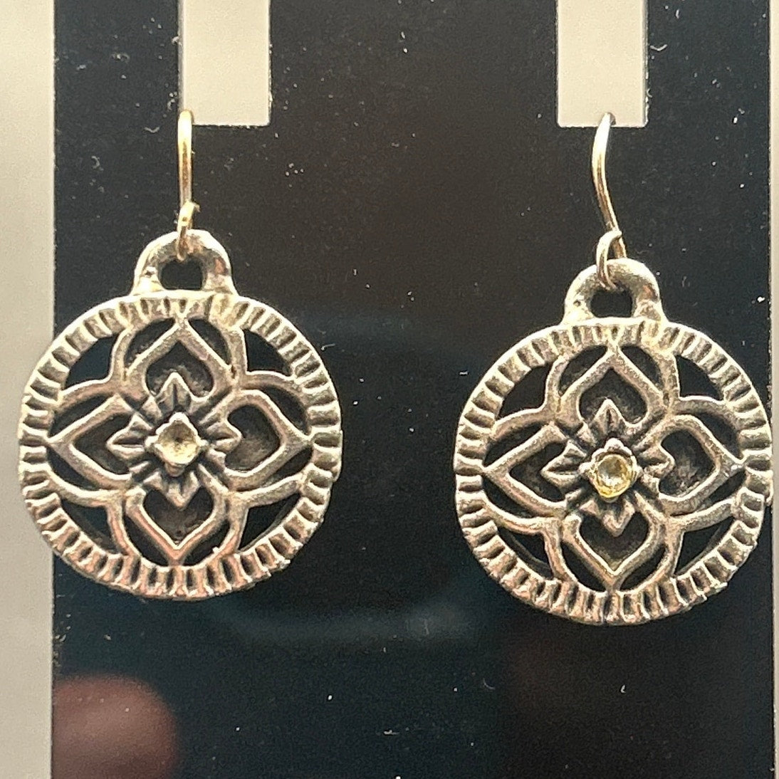 Vintage Silver Tone SE Asian Style Embossed Floral Disc Dangle Earrings