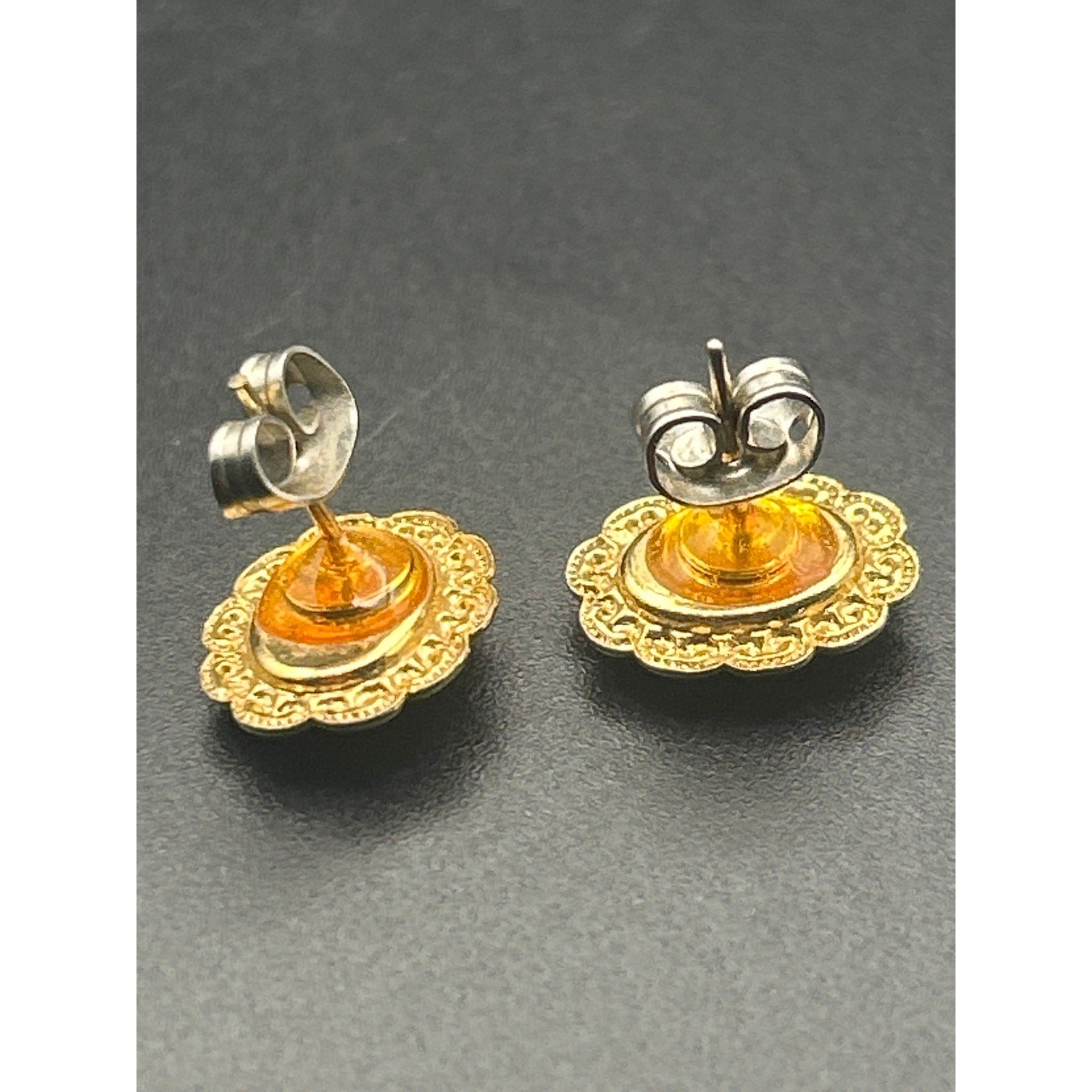 Vintage Faux Jade Cabochon Stud Earrings | Gold Tone Scalloped Floral