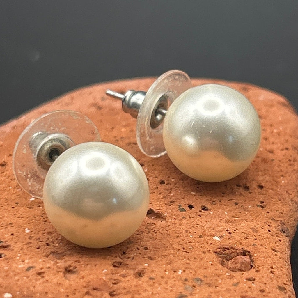 Vintage 10mm White Faux Pearl Stud Earrings Silver Tone Pierced Posts Classic