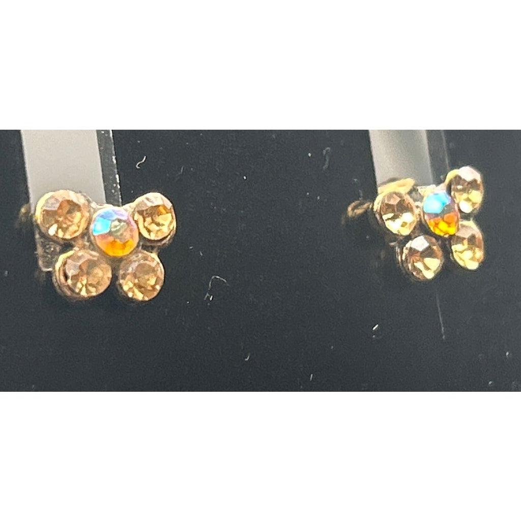 Vintage Gold Tone AB Crystal Cluster Spiral Earrings Iridescent Dangle Drop