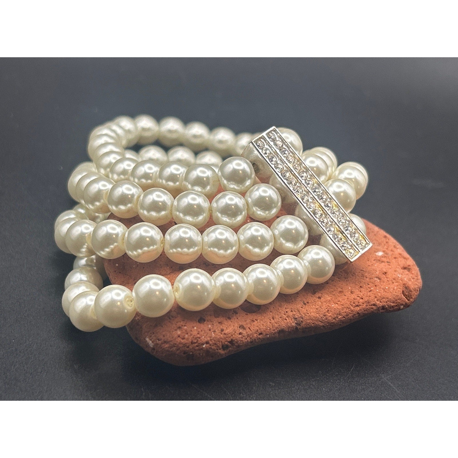 Vintage 4 Strand Glass Pearl Bracelet | Retro Silver Rhinestone Clasp Bridal