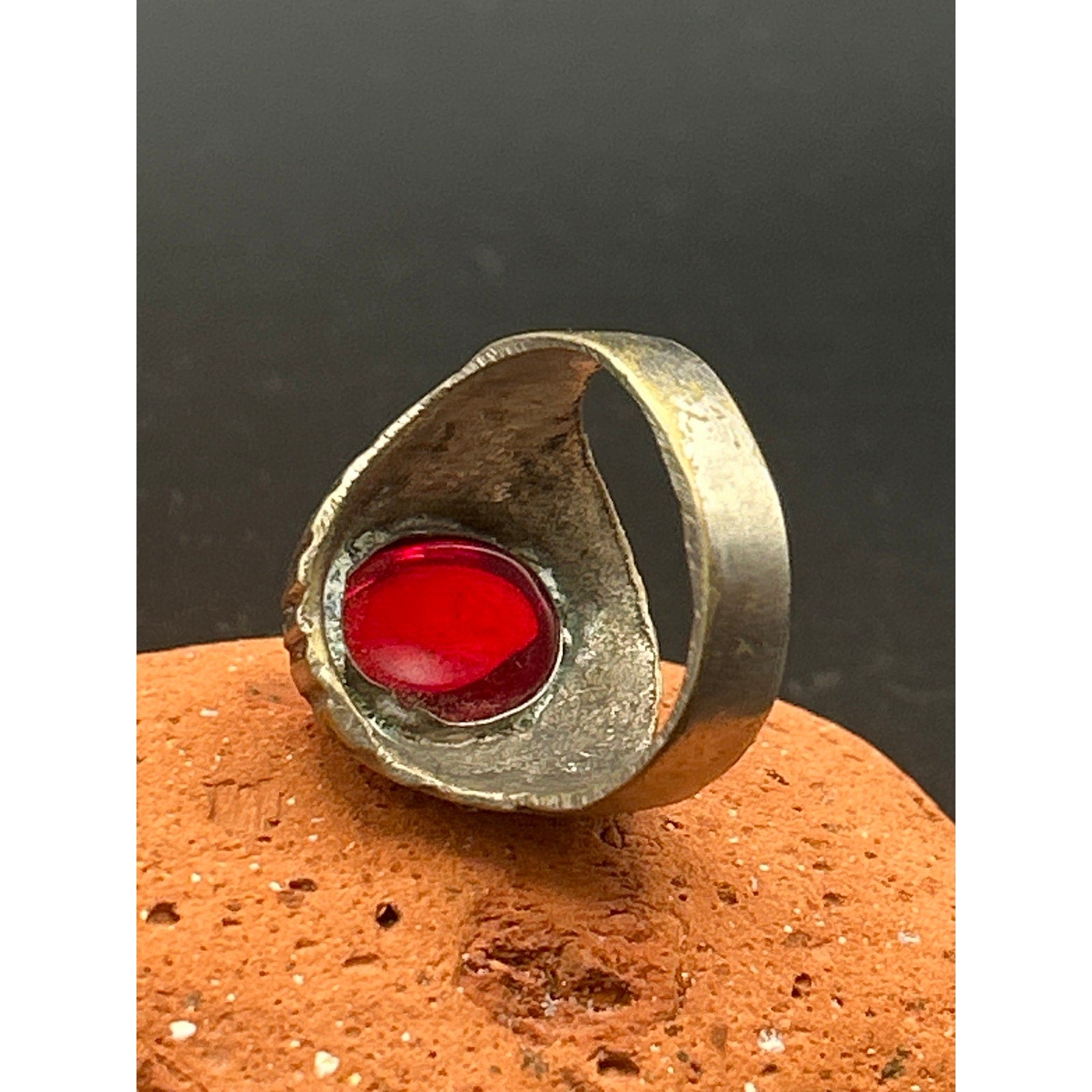 Afghan Kochi Tribal Ring Brass Alloy Red Glass Size 9