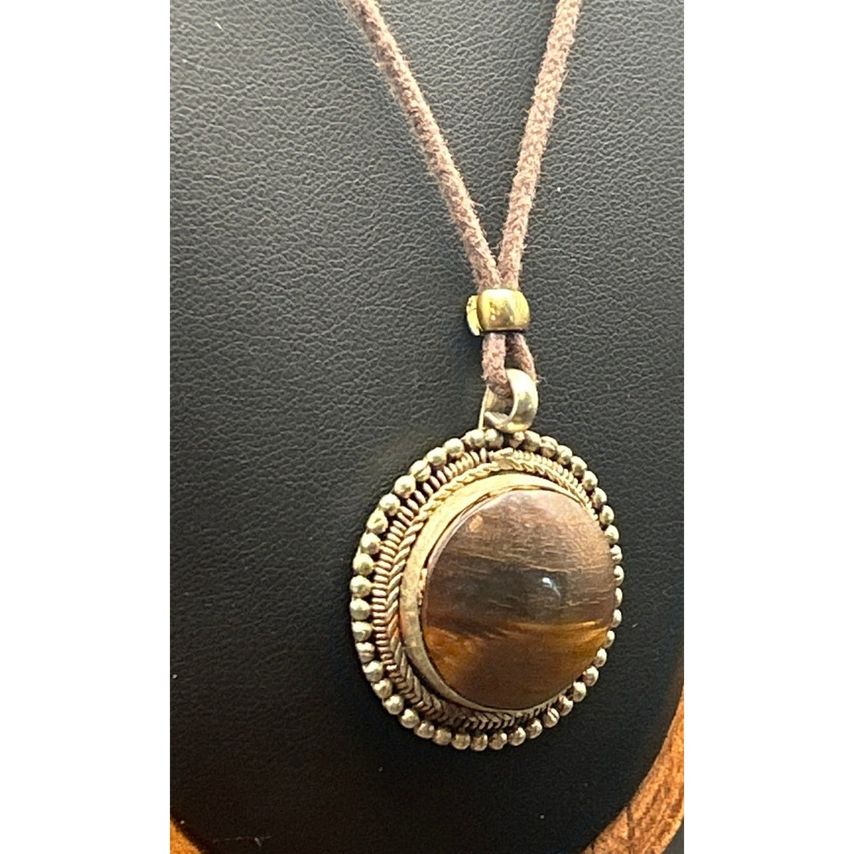 Vintage Handcrafted Tigers Eye Pendant Necklace Leather Cord Brass Bezel 16"