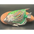 Vintage Gold Tone Green Enamel Tropical Fish Brooch Red Rhinestone Eye 2.5x1.5"
