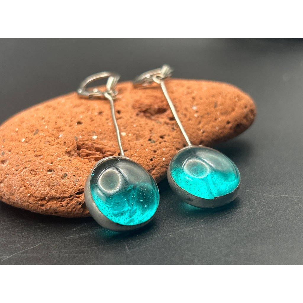 Handmade Fused Glass Drop Earrings Teal Blue Green Art Glass Dangle