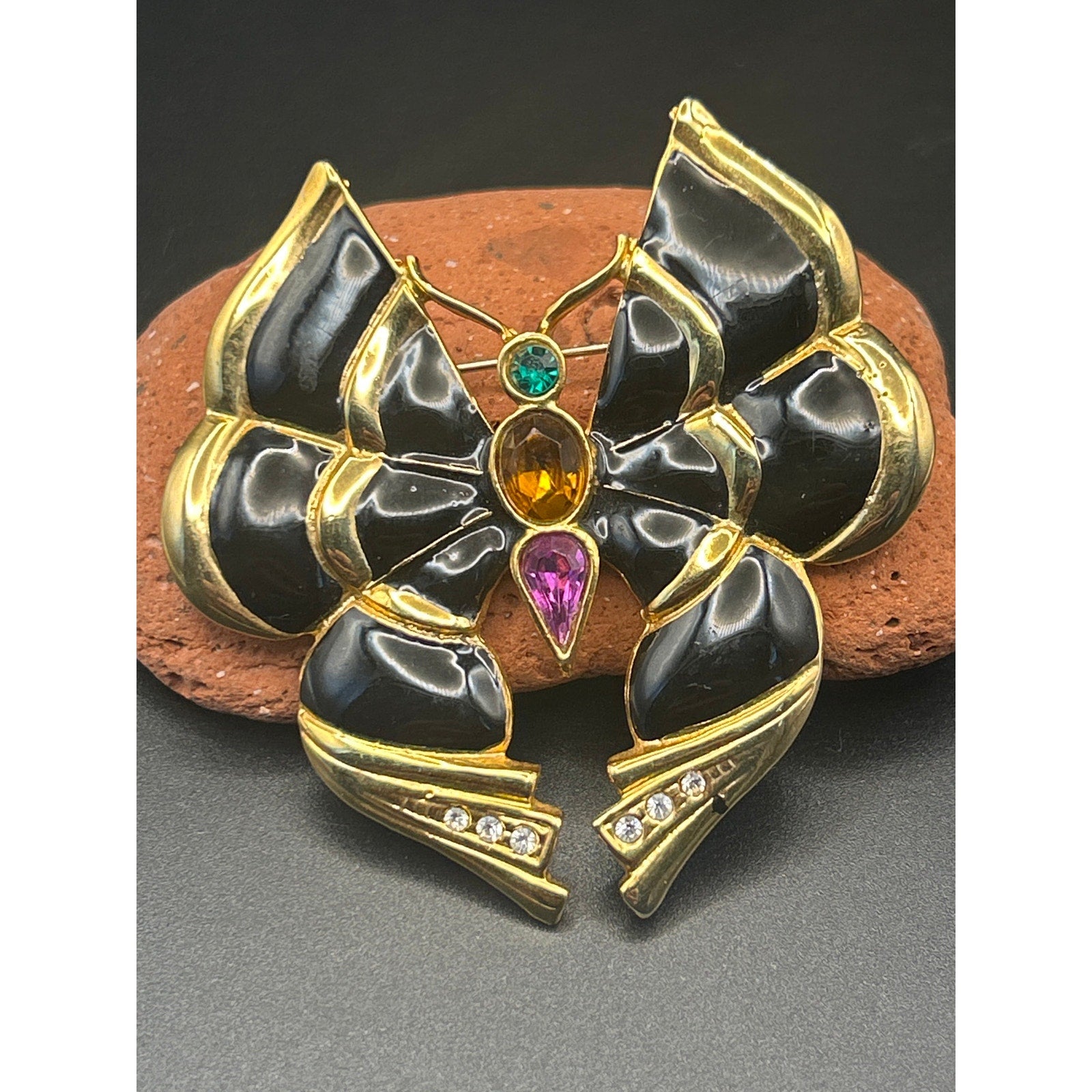 Vintage 80s Gold Tone Black Enamel Butterfly Brooch Colorful Rhinestones 2.25"