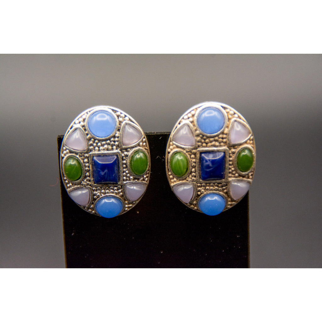Vintage Chicos Mosaic Clip-On Earrings Faux Lapis Blue Green Glass 90s