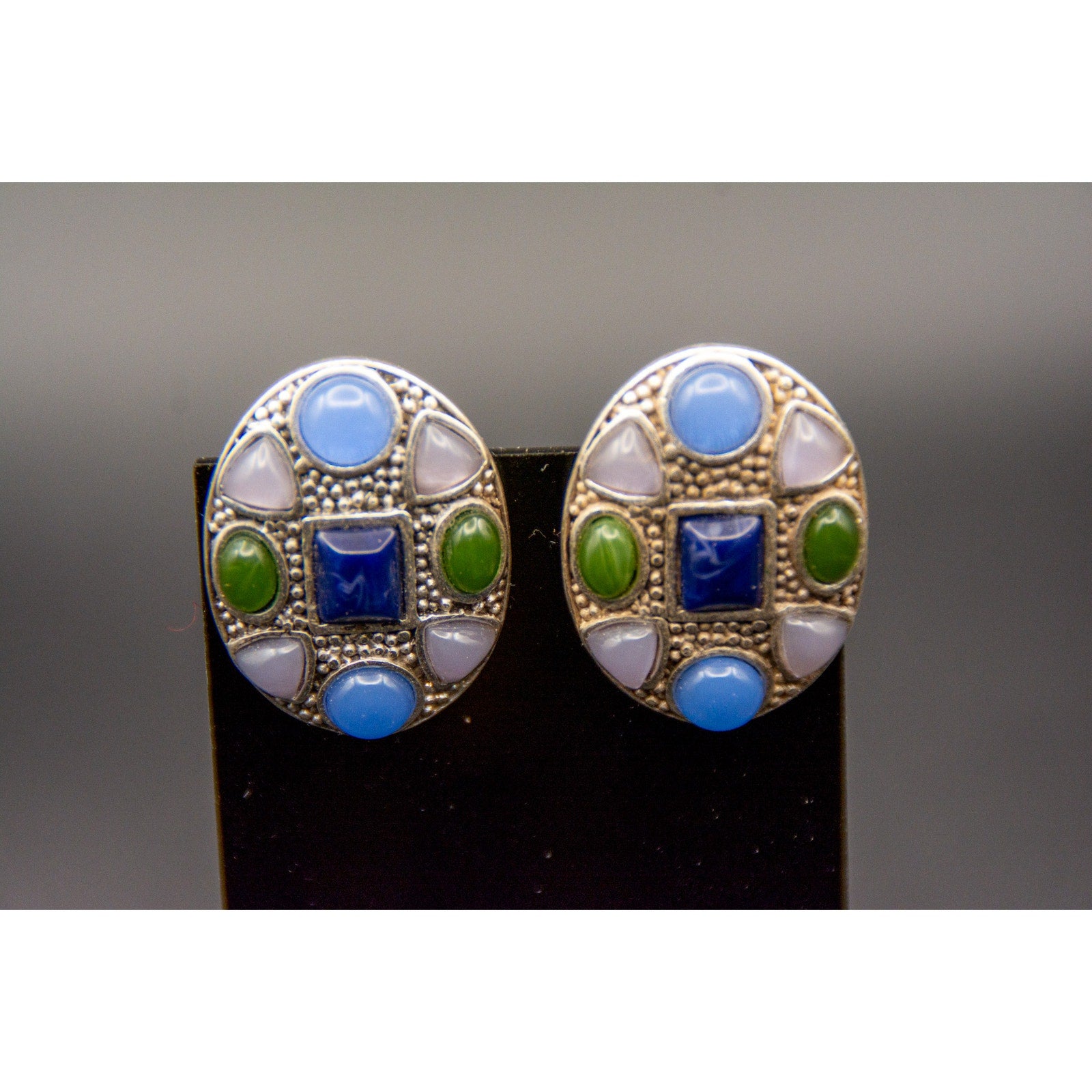 Vintage Chicos Mosaic Clip-On Earrings Faux Lapis Blue Green Glass 90s