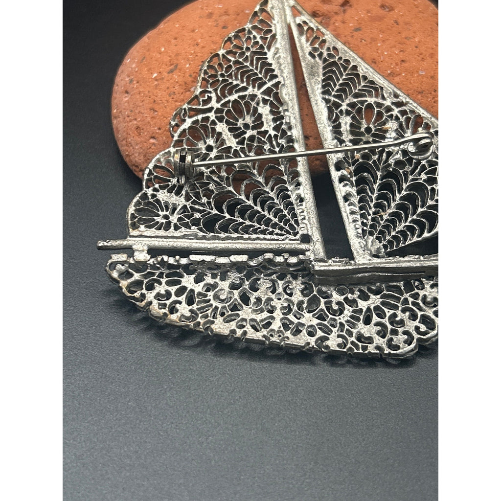 Vintage Silver Tone Filigree Sailboat Brooch Rhinestone Nautical Pin 3x3"