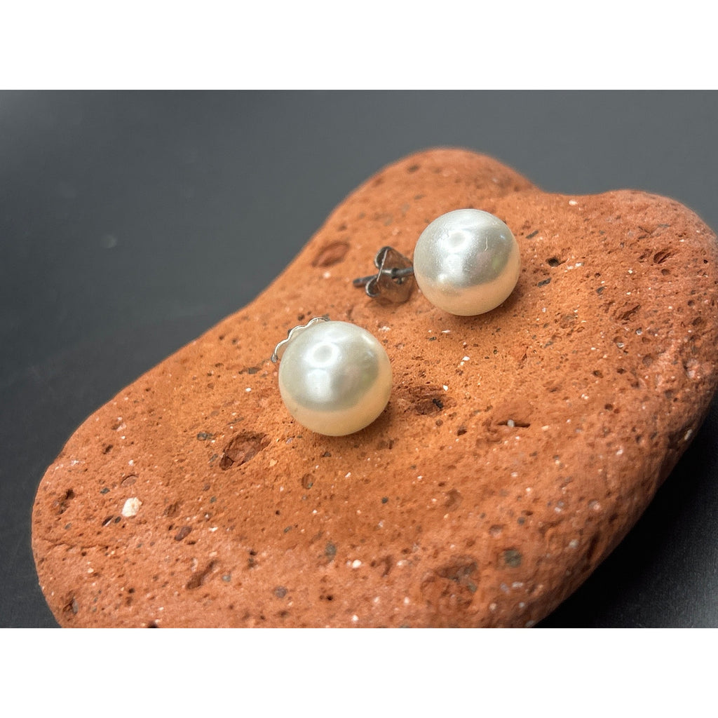 Vintage Faux Pearl Stud Earrings 8mm White Pearl Silver Tone Posts Classic