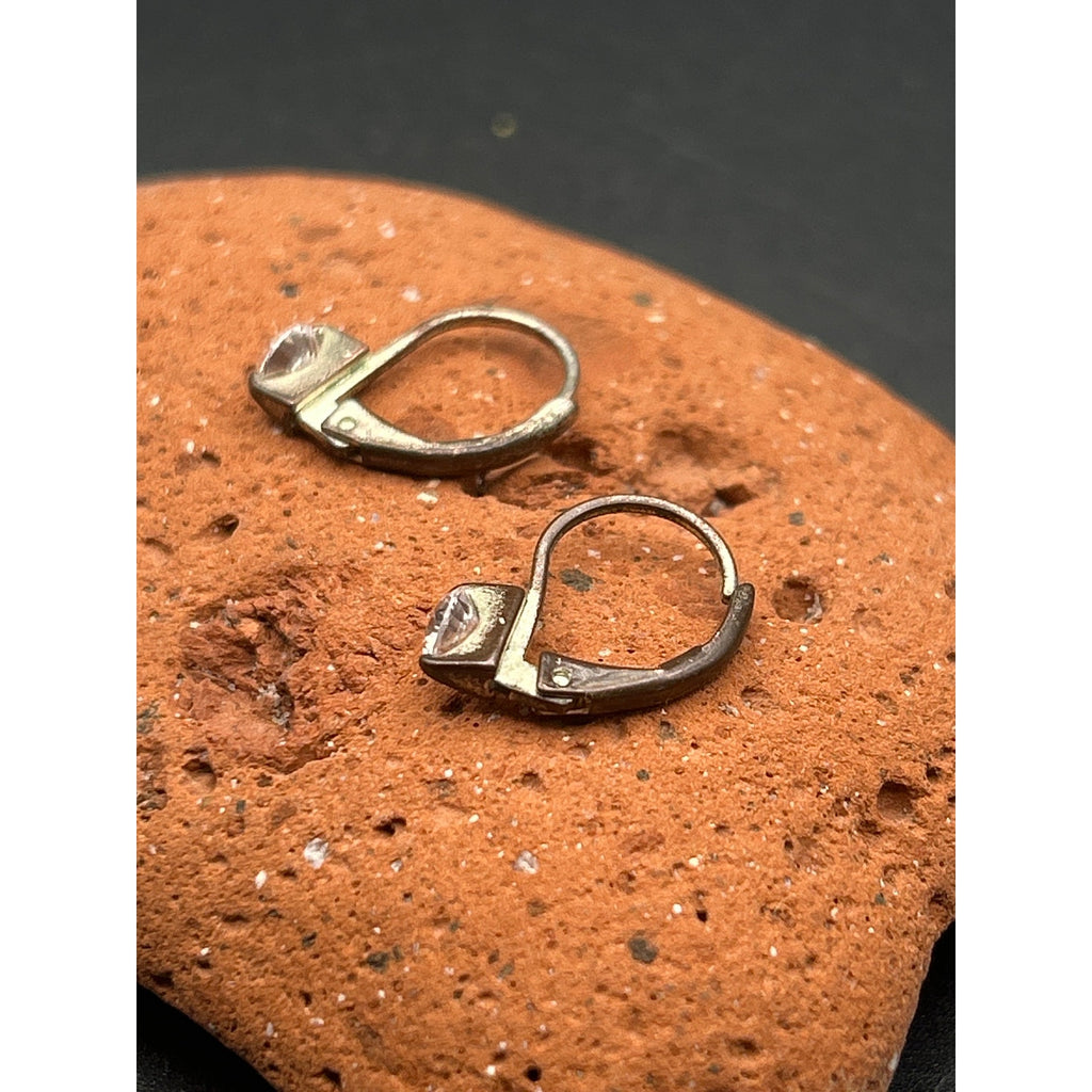 Vintage 1970s Brass Leverback Drop Earrings Clear Crystal Glass Stone