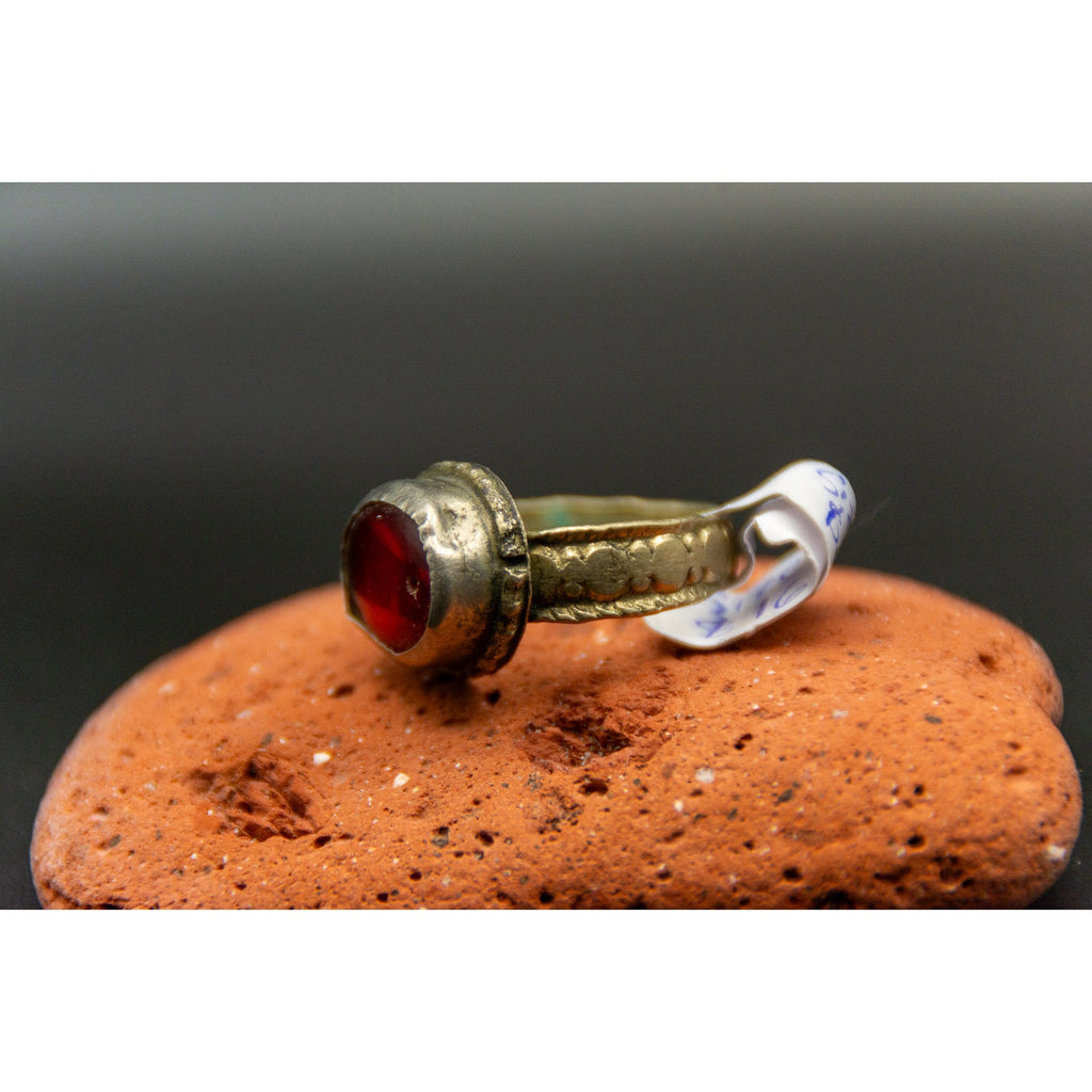 Vintage Afghan Tribal Ring with Red Glass Stone - Size 8.5