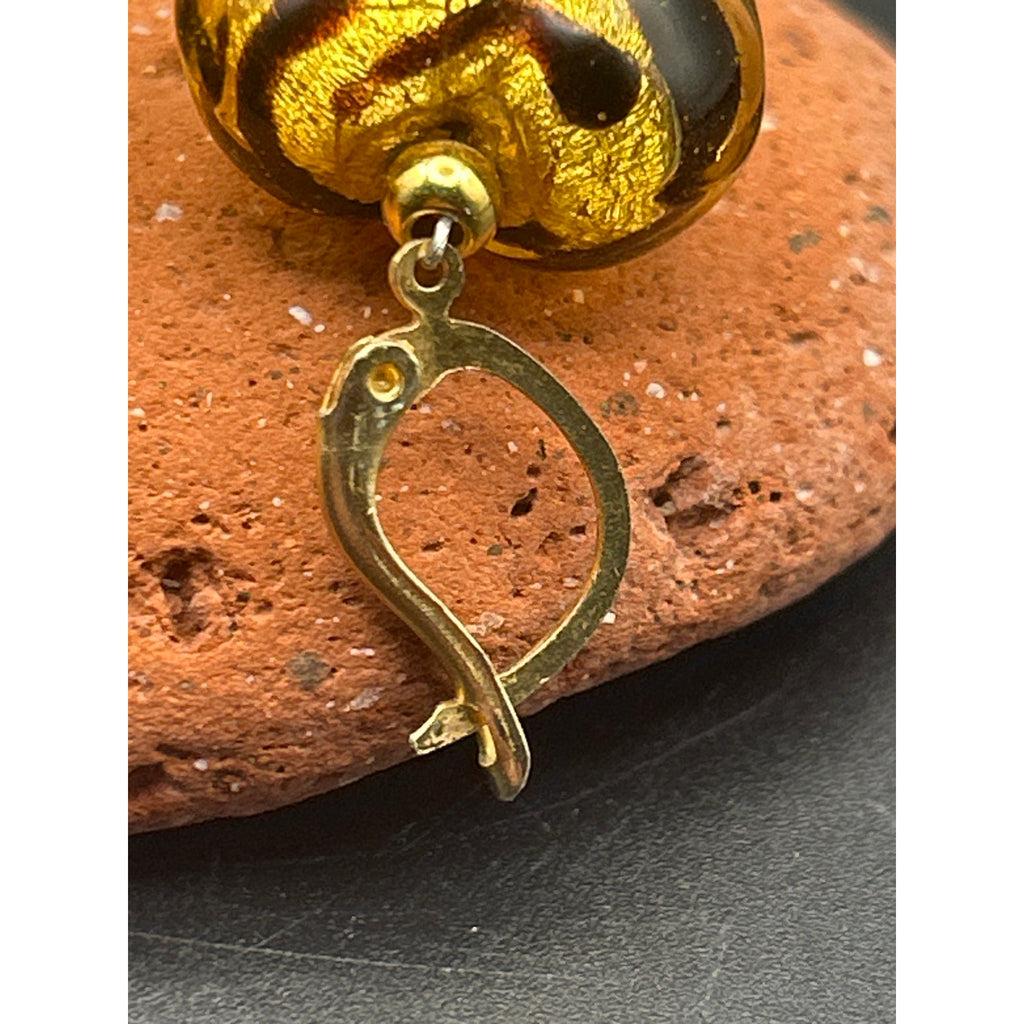 Handmade Glass Animal Print Heart Dangle Earrings Gold Tone Drop