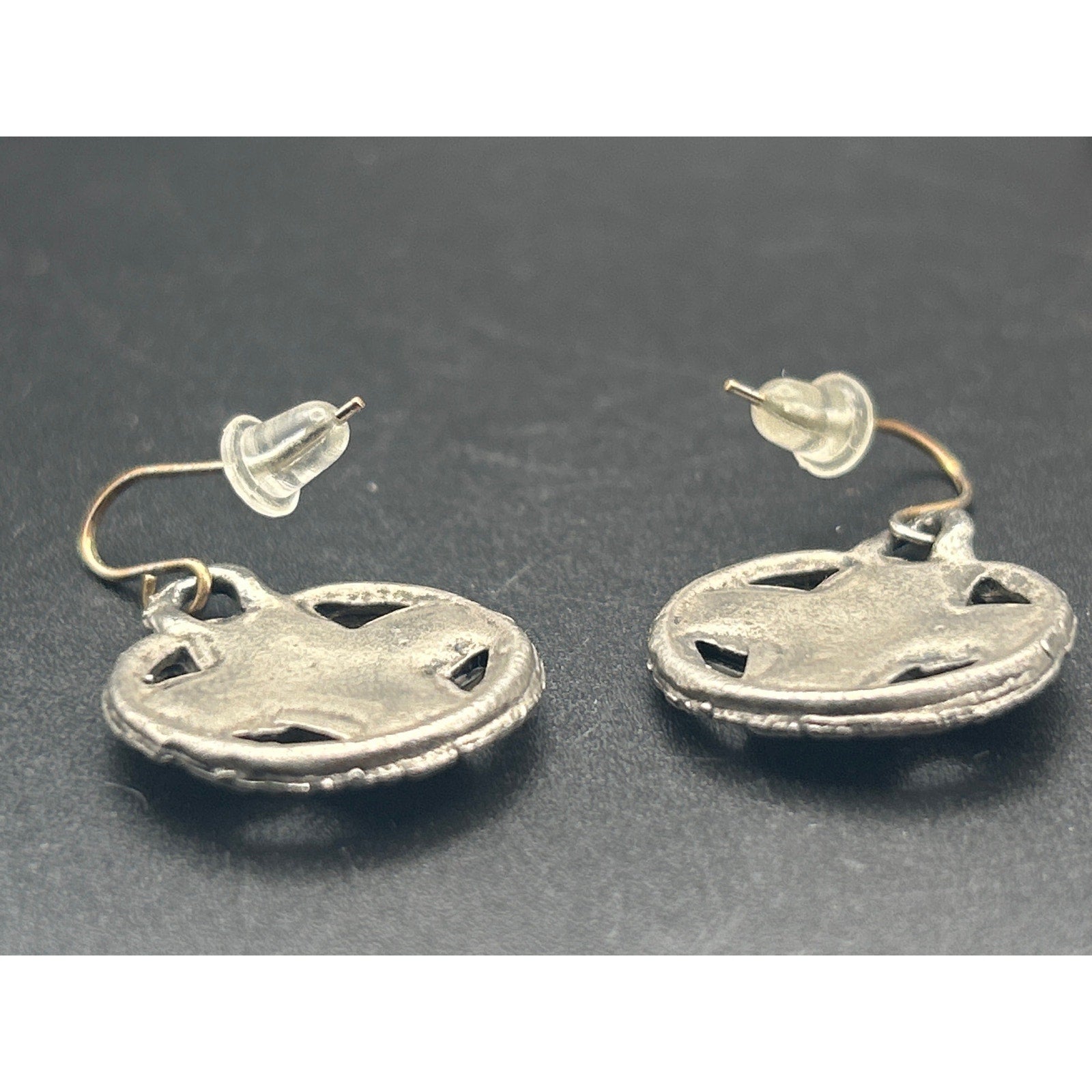 Vintage Silver Tone SE Asian Style Embossed Floral Disc Dangle Earrings