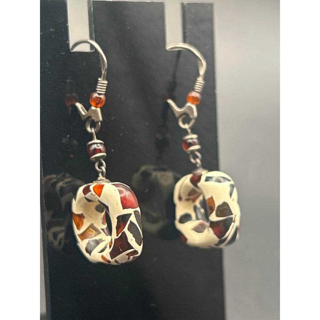 Vintage Modernist Resin Swirl Drop Dangle Earrings Amber Accent