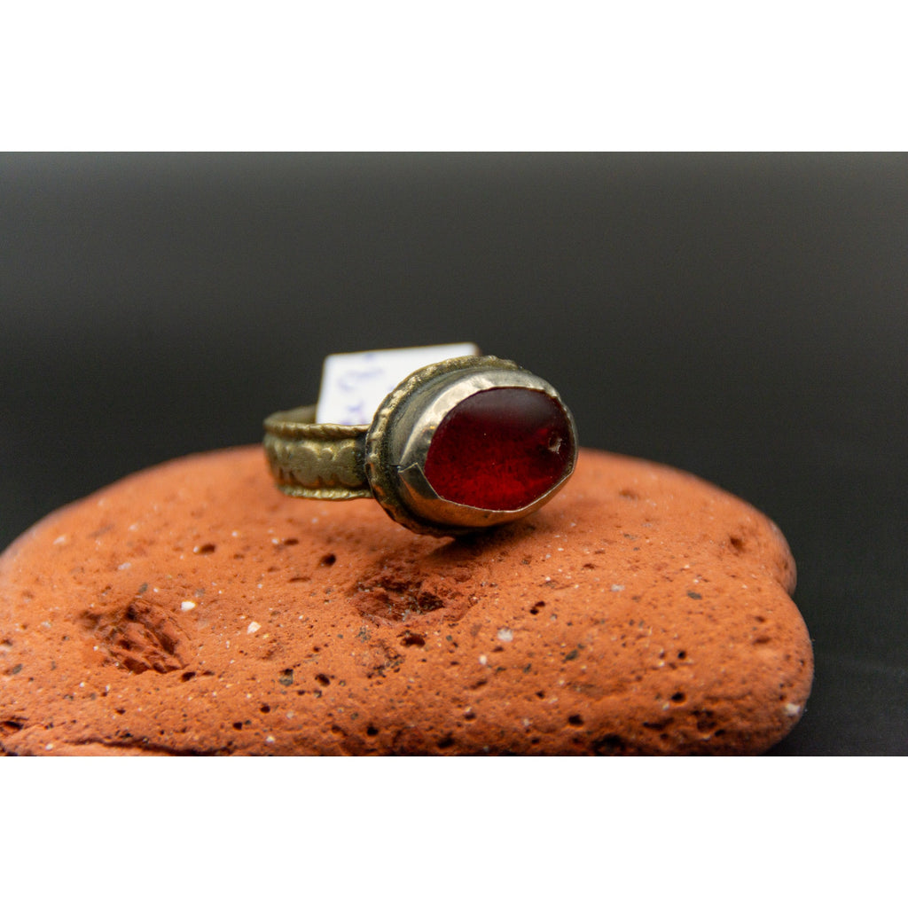 Vintage Afghan Tribal Ring with Red Glass Stone - Size 8.5