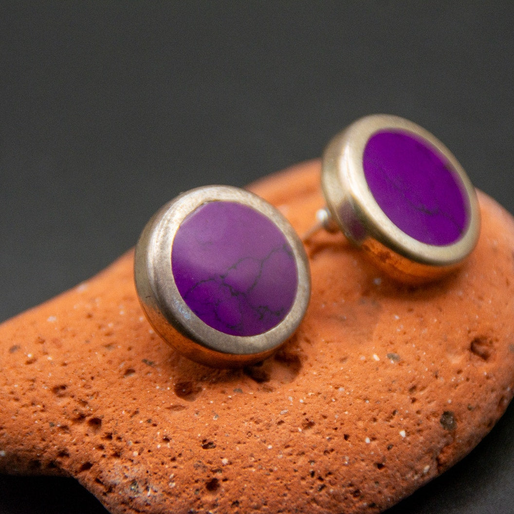 Vtg Mexico 925 Sterling Silver Purple Mojave Turquoise Round Stud Earrings 20mm