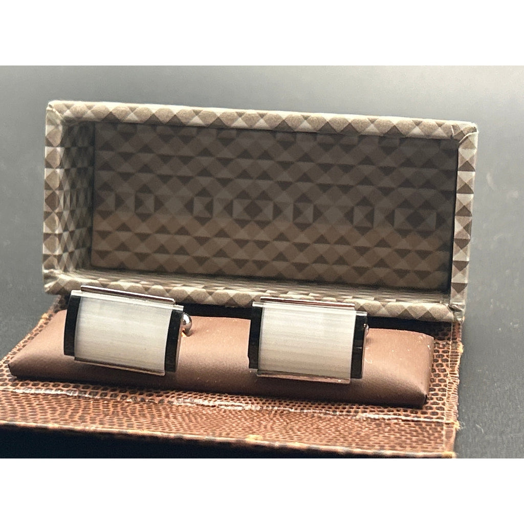 Vintage Mother of Pearl & Black Onyx Cufflinks | Retro Silver Tone Boxed Tux