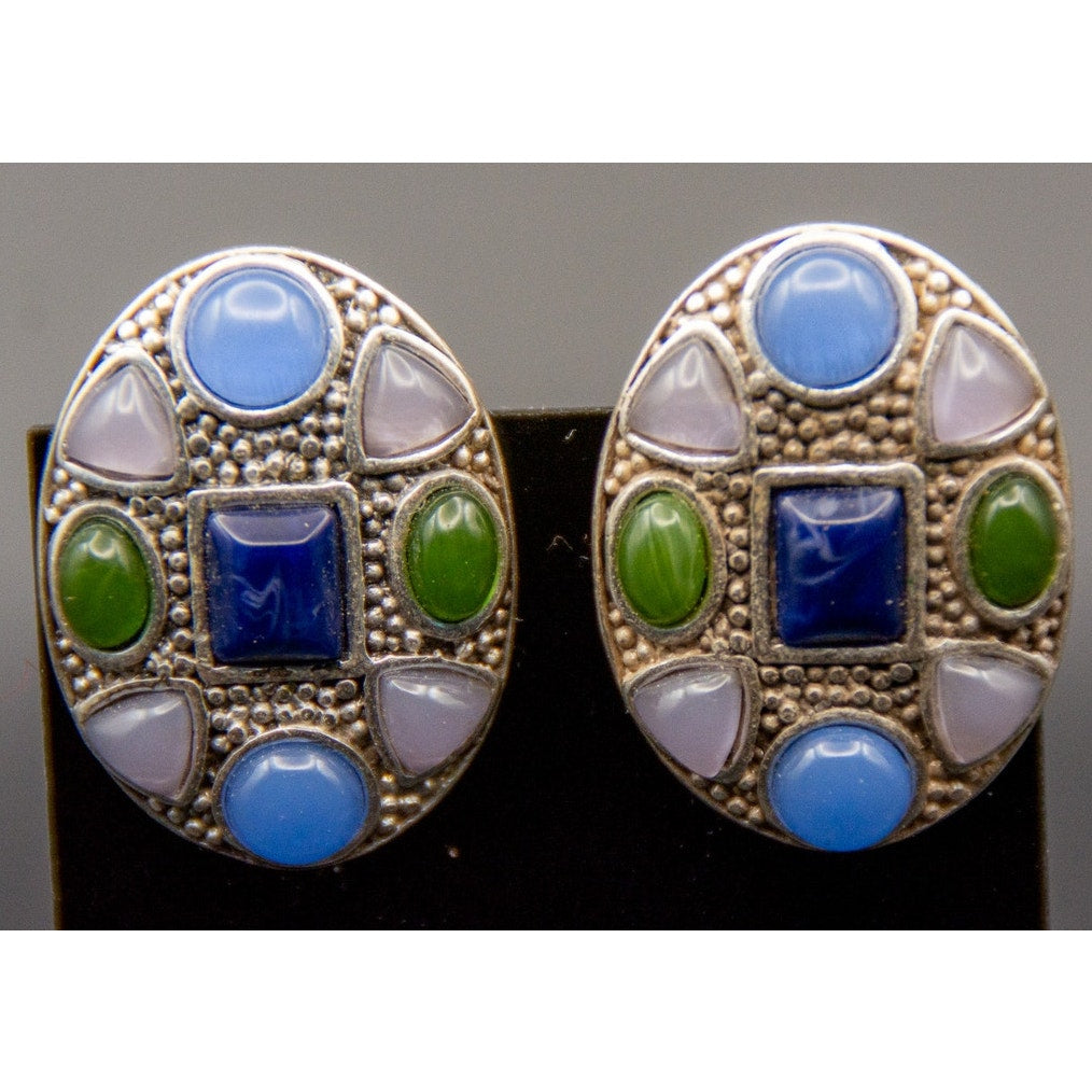 Vintage Chicos Mosaic Clip-On Earrings Faux Lapis Blue Green Glass 90s