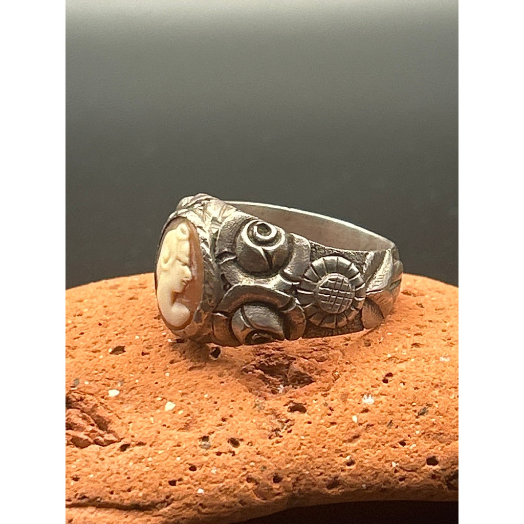 Antique 1920s Carved Shell Cameo Ring 900 Silver Greek Style Profile Size 10.5