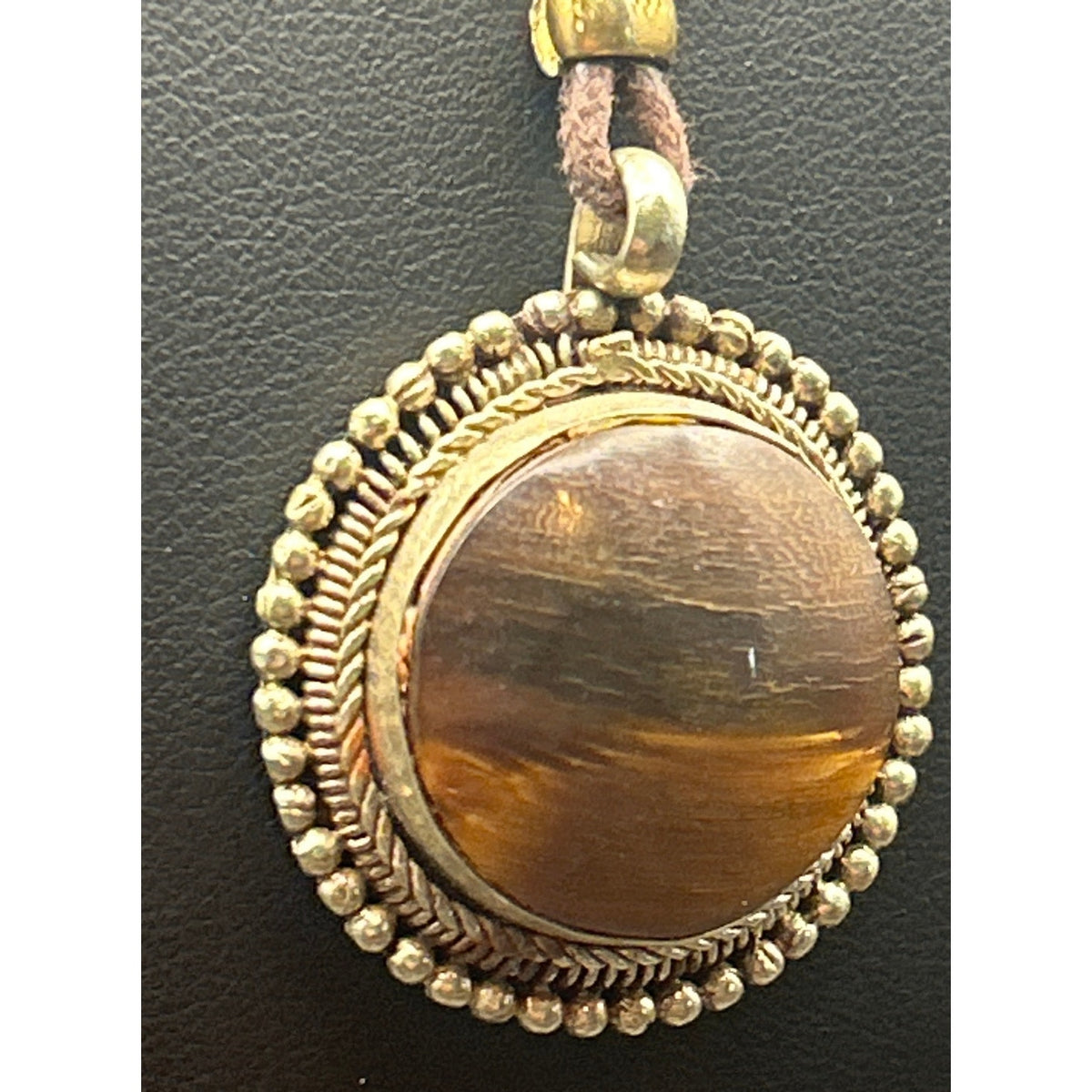 Vintage Handcrafted Tigers Eye Pendant Necklace Leather Cord Brass Bezel 16"