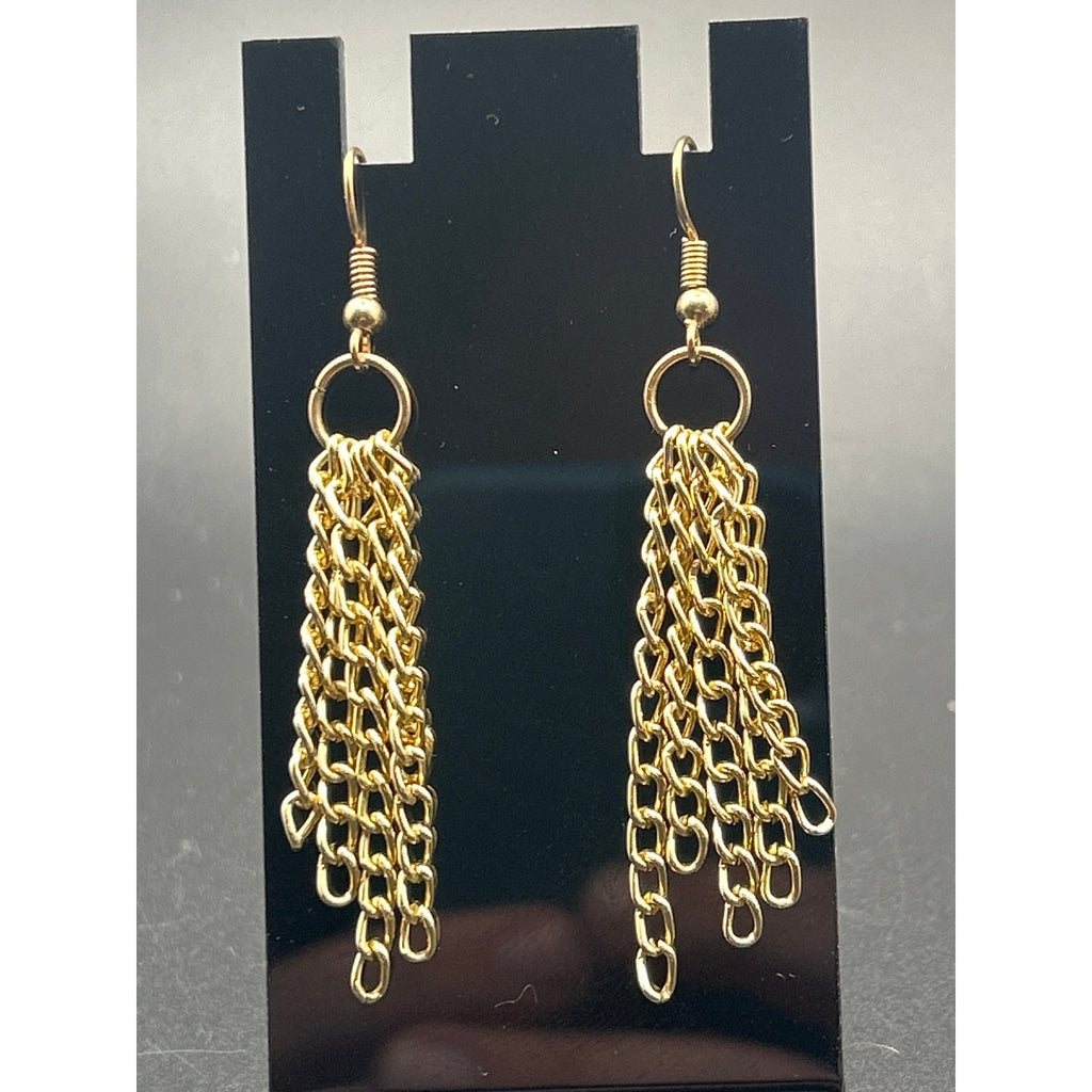 Vintage Gold Tone Multi Strand Fringe Chain Tassel Dangle Earrings