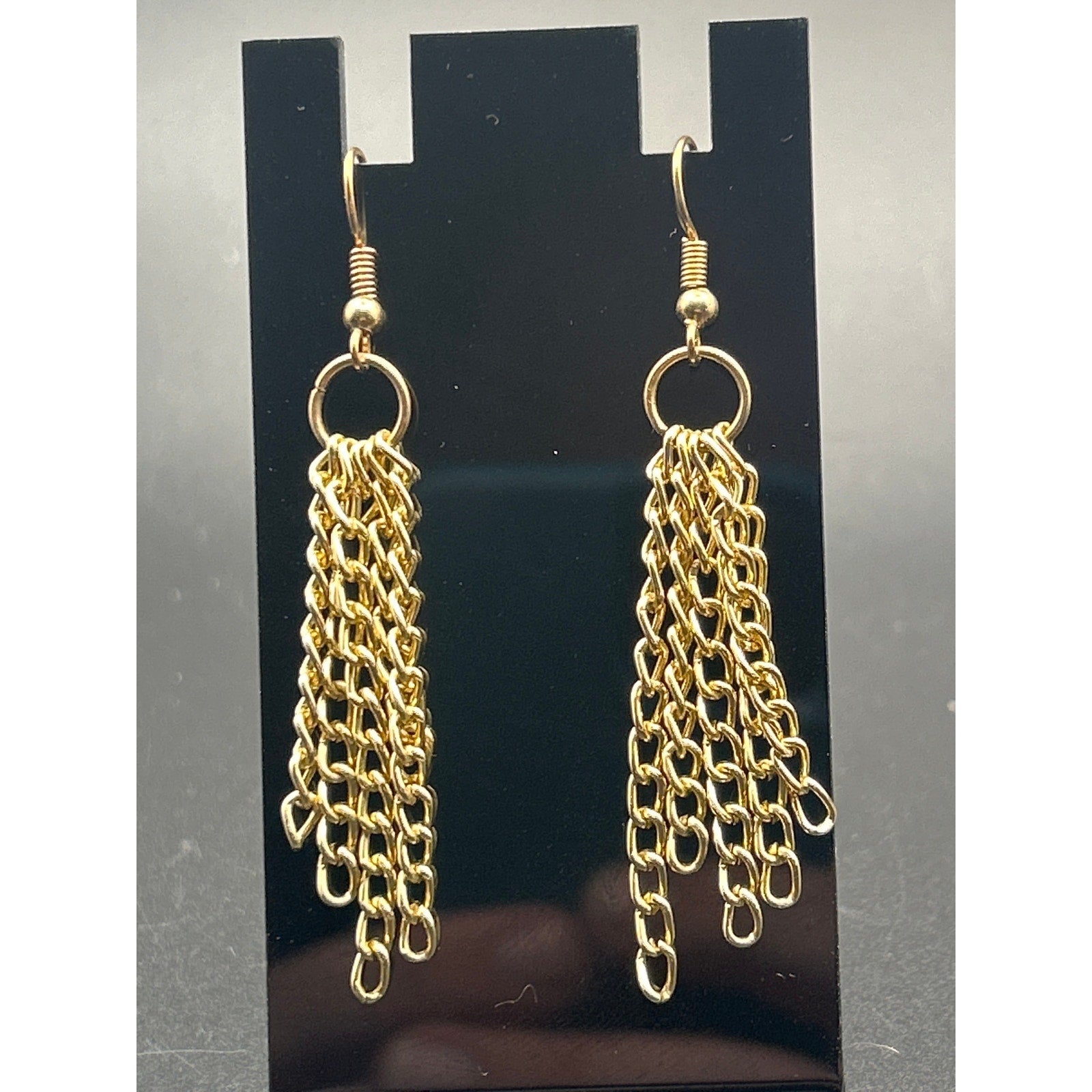 Vintage Gold Tone Multi Strand Fringe Chain Tassel Dangle Earrings