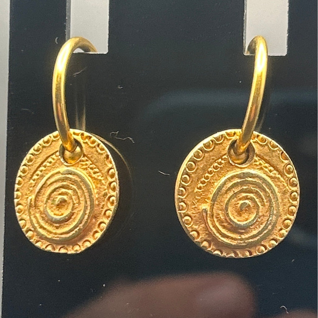 Vintage Gold Tone Textured Swirl Spiral Coin Medallion Drop Earrings