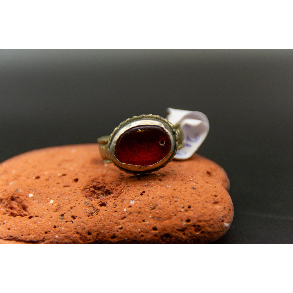 Vintage Afghan Tribal Ring with Red Glass Stone - Size 8.5
