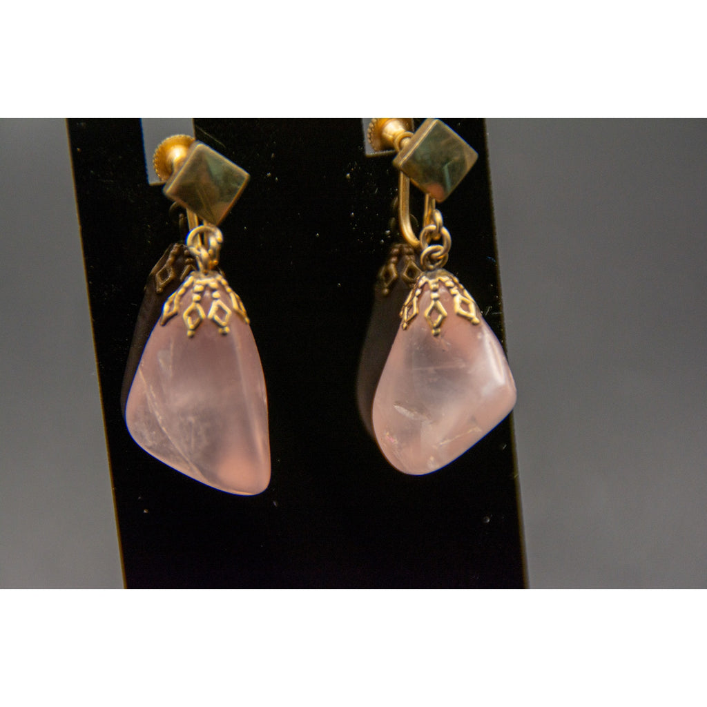 Vtg Rose Quartz Dangle Earrings Gold Tone Screw Back Handcrafted Love Crystal