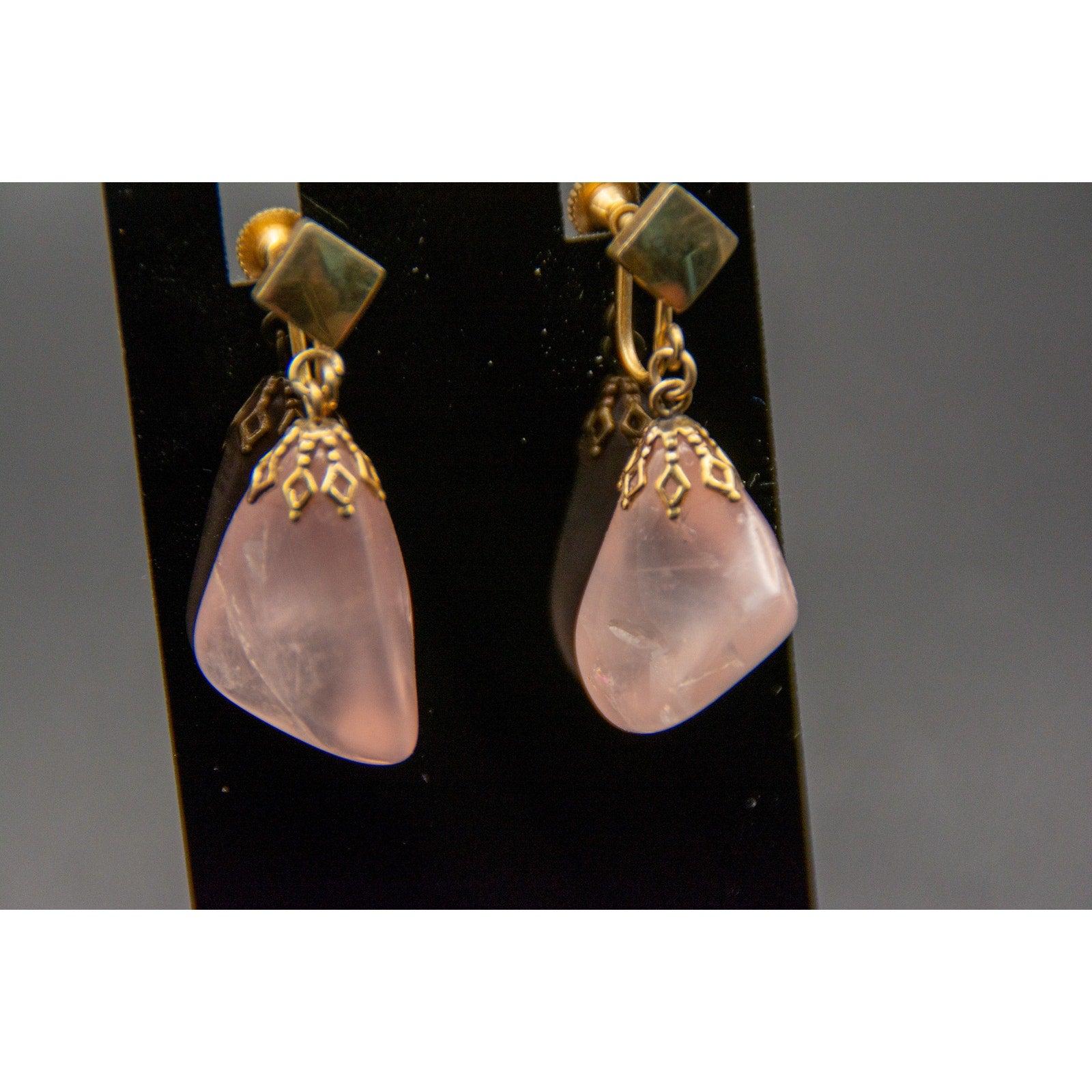 Vtg Rose Quartz Dangle Earrings Gold Tone Screw Back Handcrafted Love Crystal