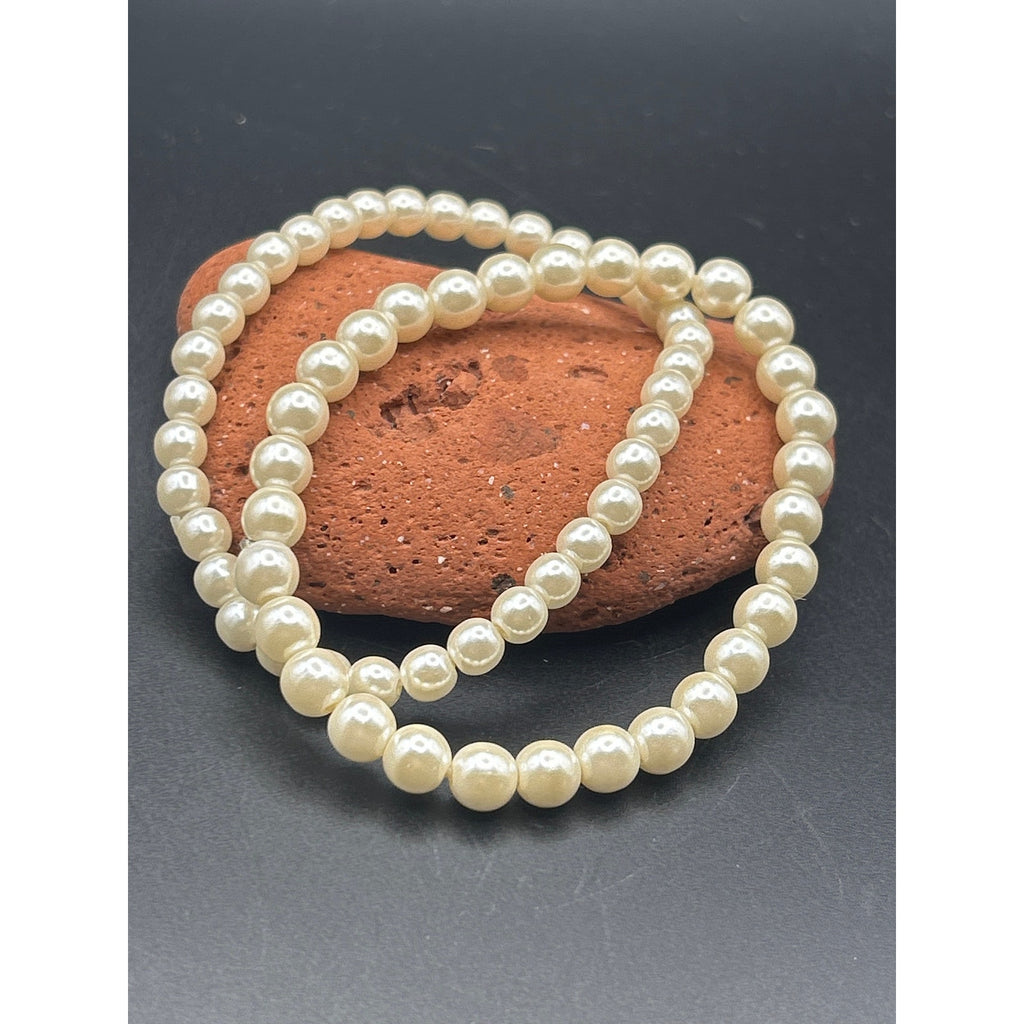 Vintage 1980s Faux Pearl Stretch Bracelets Set of 2 | Retro Stackable Ivory