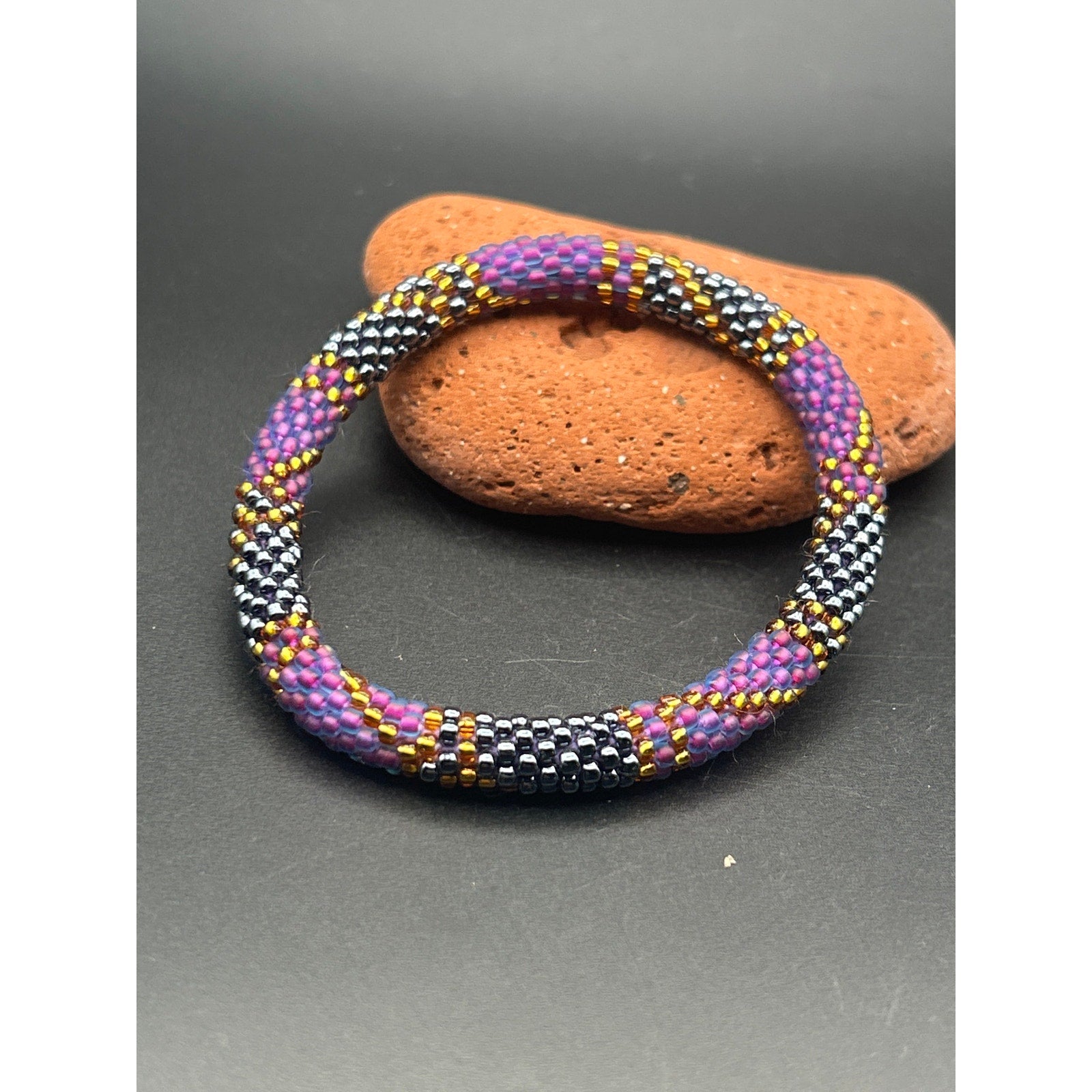 Nepalese Beaded Roll On Bracelet | Handmade Purple Gold Silver Crochet Rope Gift