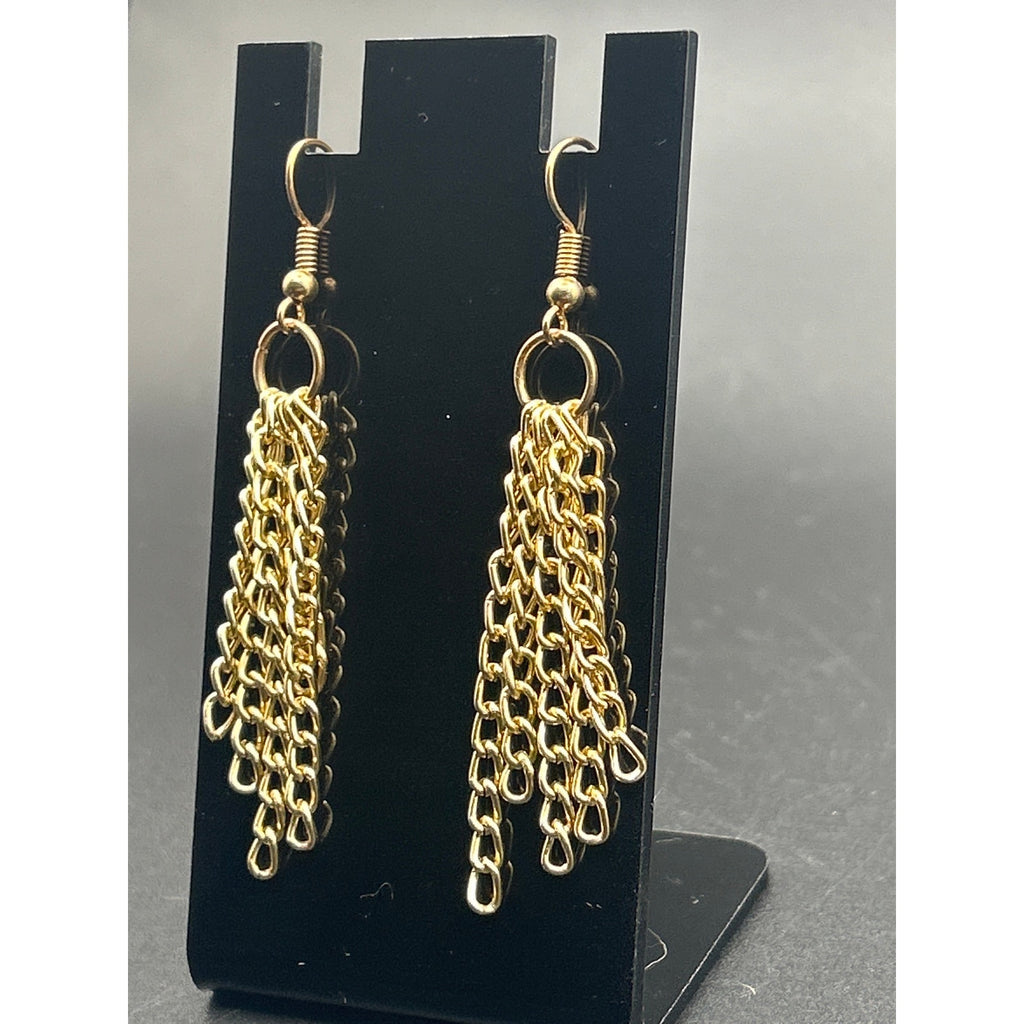 Vintage Gold Tone Multi Strand Fringe Chain Tassel Dangle Earrings