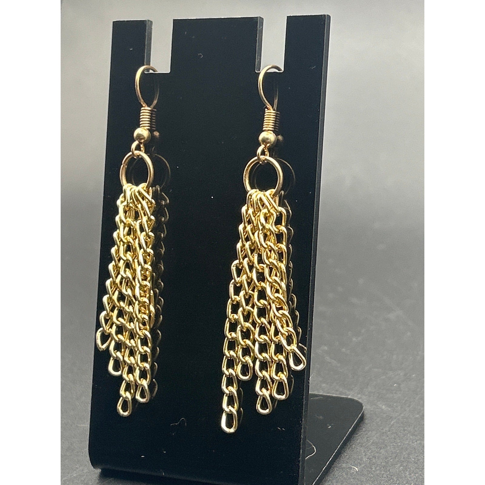 Vintage Gold Tone Multi Strand Fringe Chain Tassel Dangle Earrings