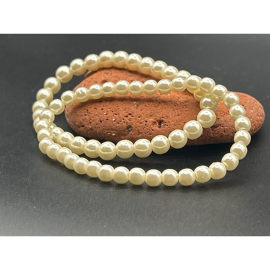 Vintage 1980s Faux Pearl Stretch Bracelets Set of 2 | Retro Stackable Ivory