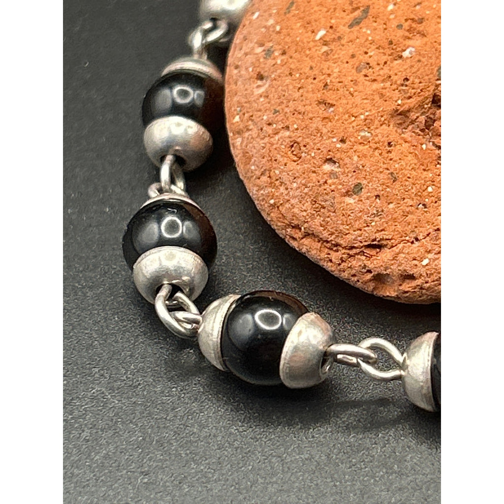 Vintage Mexican 925 Sterling Silver Black Onyx Bead Bracelet 6.5" Toggle