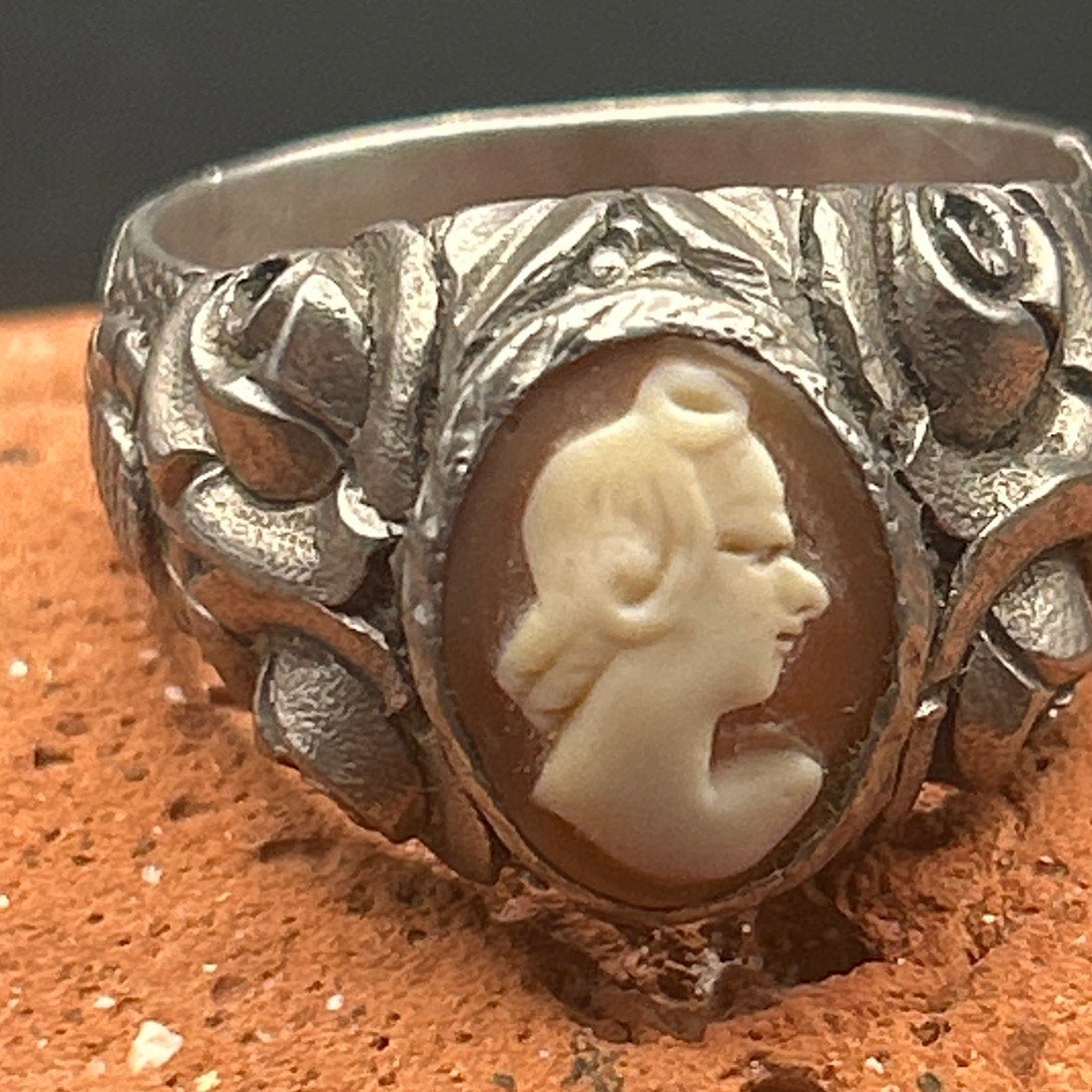 Antique 1920s Carved Shell Cameo Ring 900 Silver Greek Style Profile Size 10.5