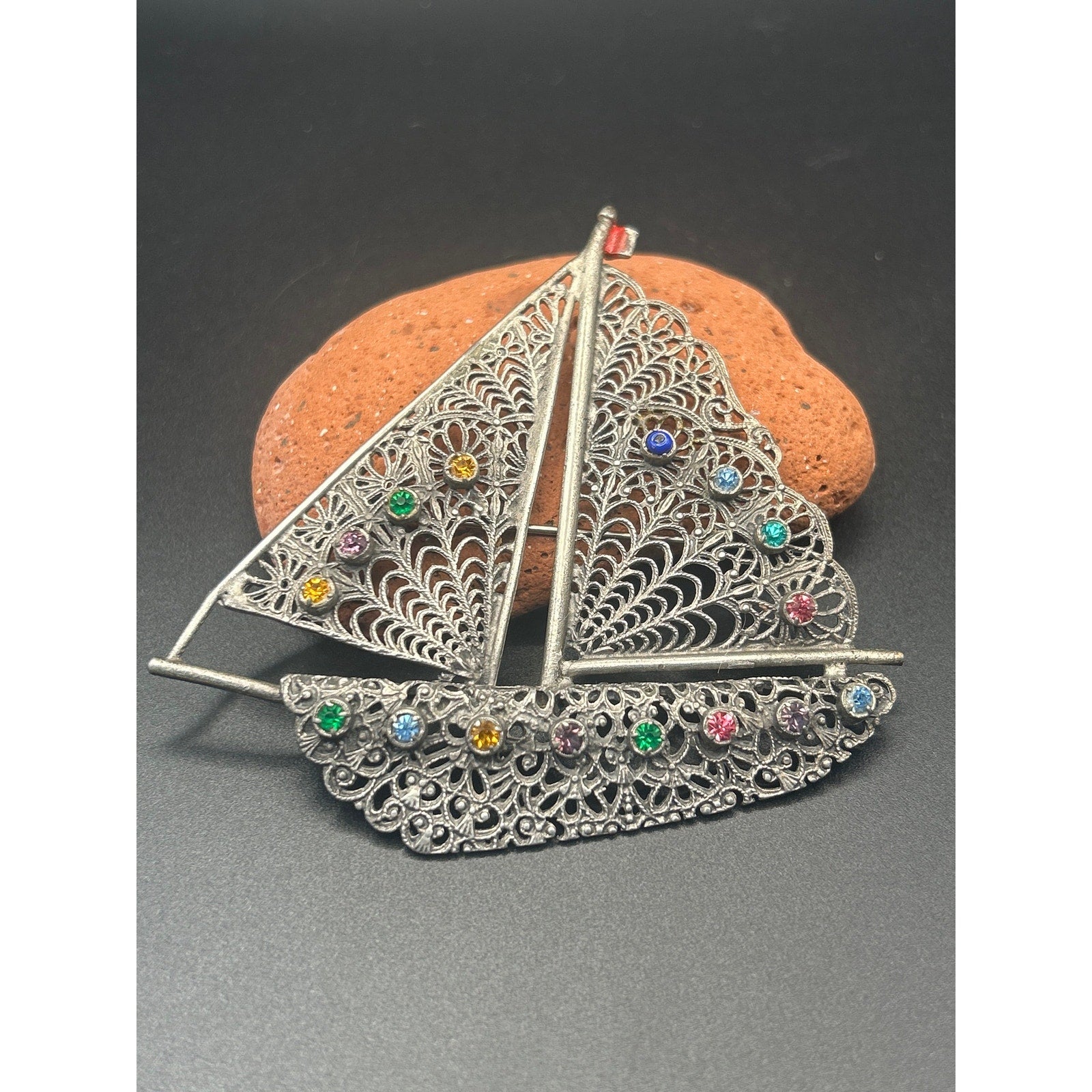 Vintage Silver Tone Filigree Sailboat Brooch Rhinestone Nautical Pin 3x3"