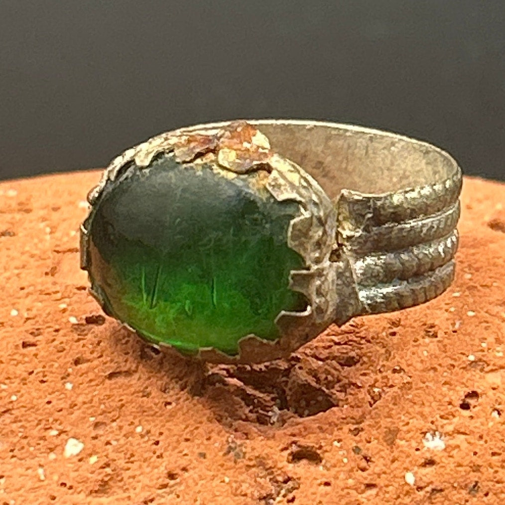 Vintage Afghan Kochi Tribal Ring Hand Poured Green Glass Size 5.5 Nomadic