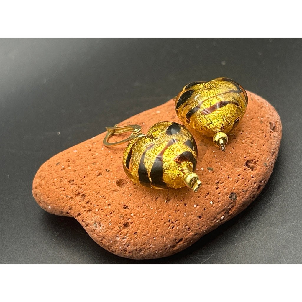 Handmade Glass Animal Print Heart Dangle Earrings Gold Tone Drop